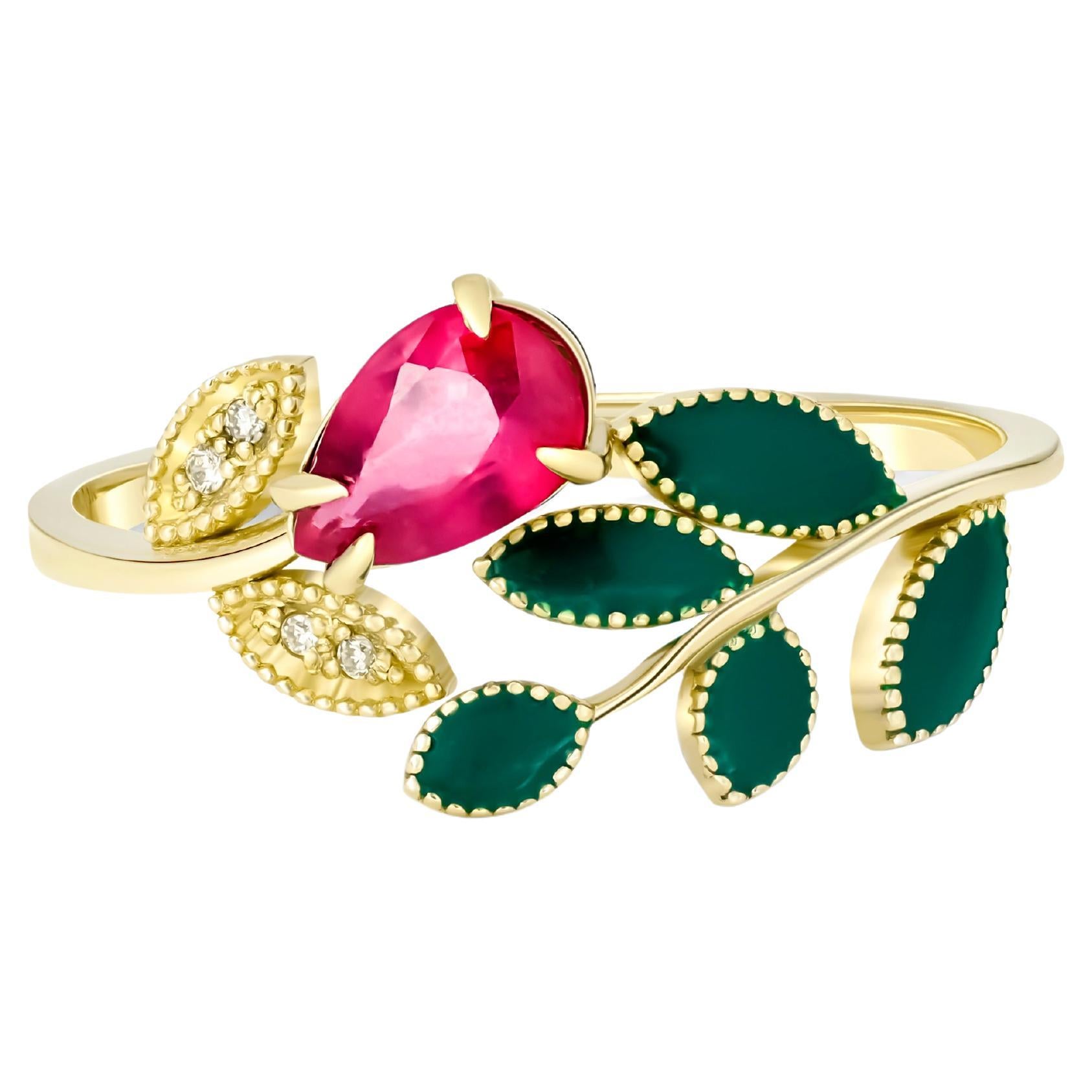 Anillo flor con rubí en oro de 14k.