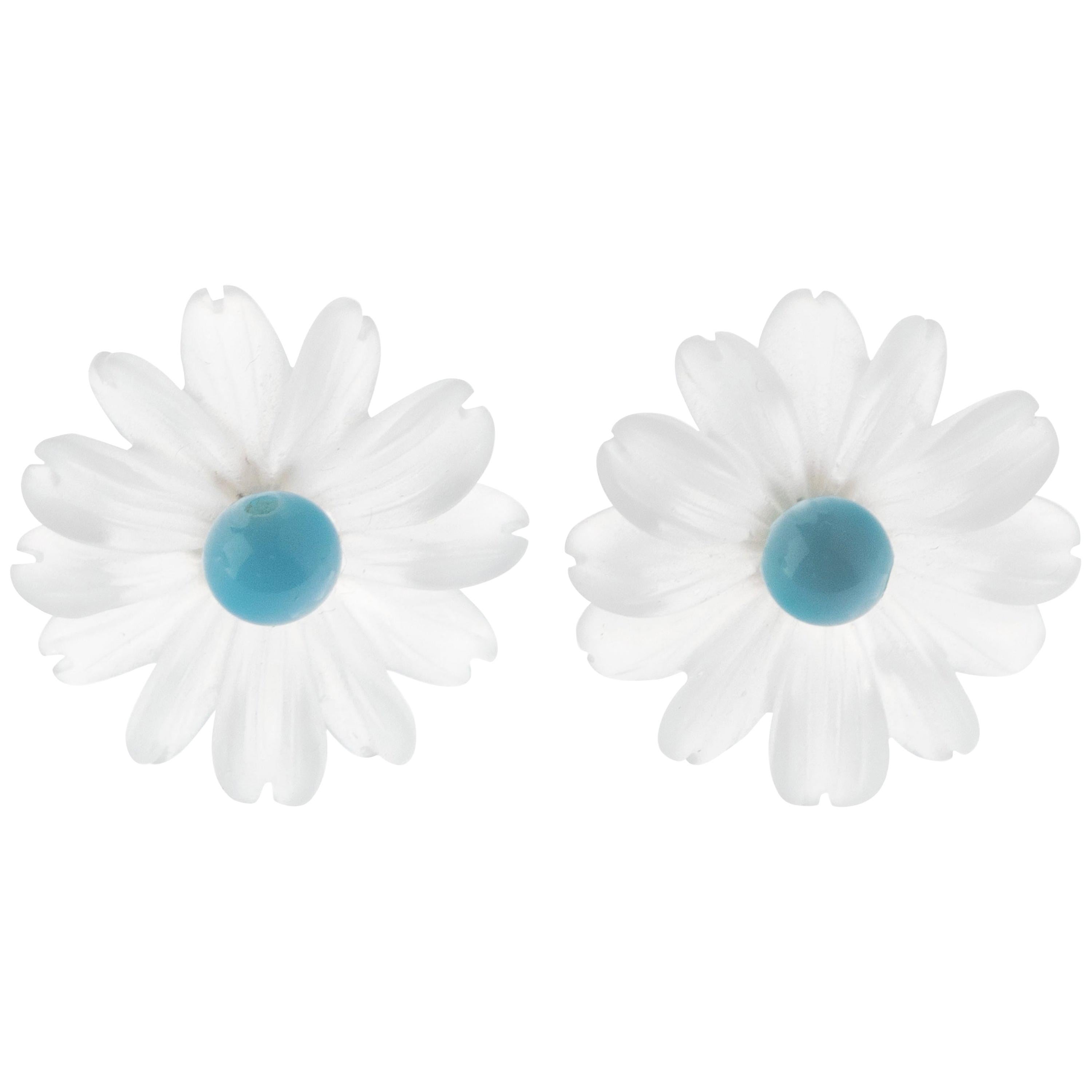 Pendientes Flor Roca Cristal Ágata Tallada Oro 14 Kilates Tallón Hecho a Mano Italiano