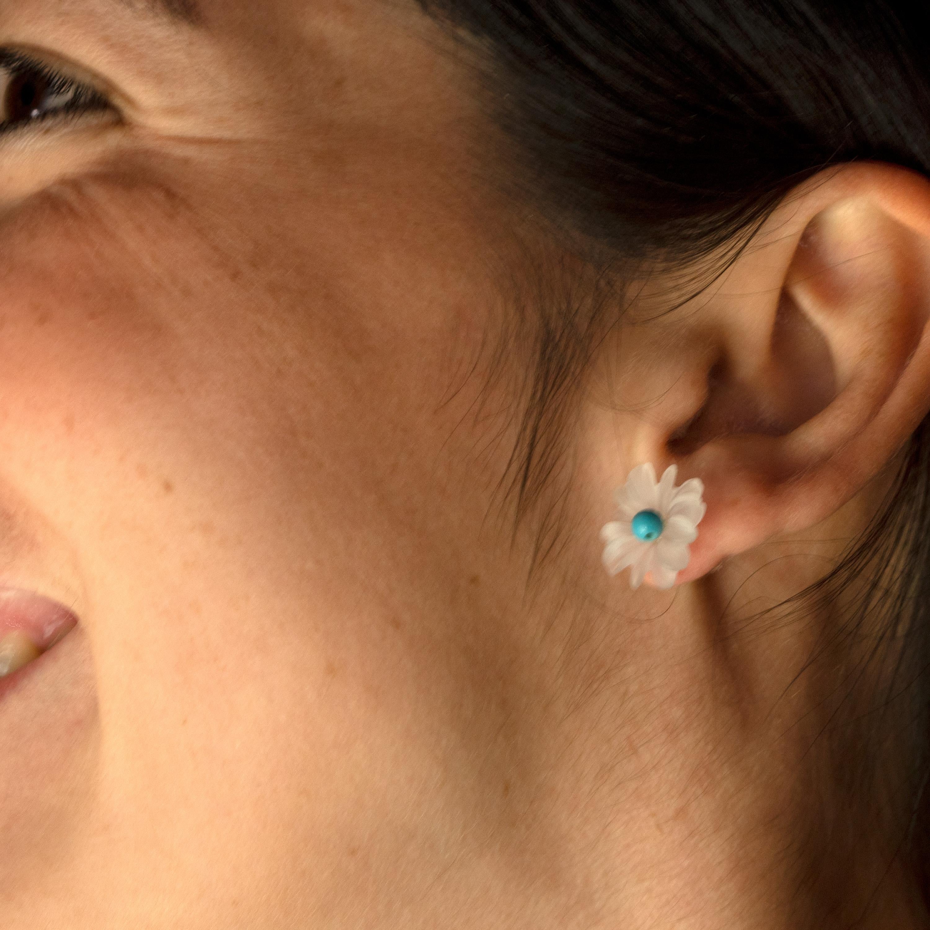 Pendientes Flor Roca Cristal Ágata Tallada Oro 18 Kilates Tallón Hecho a Mano Italiano en venta 4