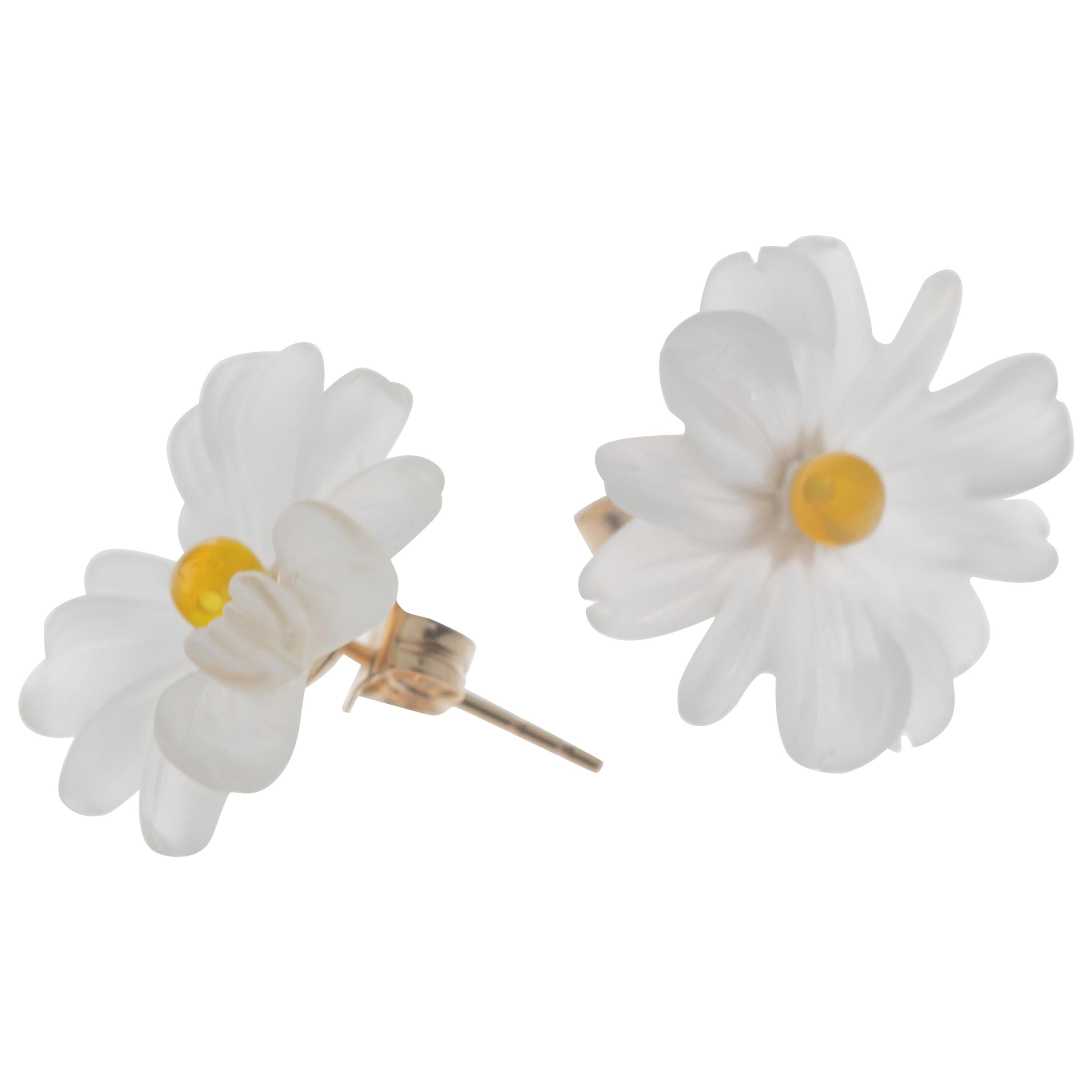 Blumen Blume Bergkristall Achat geschnitzt 18 Karat Gold Ohrstecker handgefertigt italienische Ohrringe