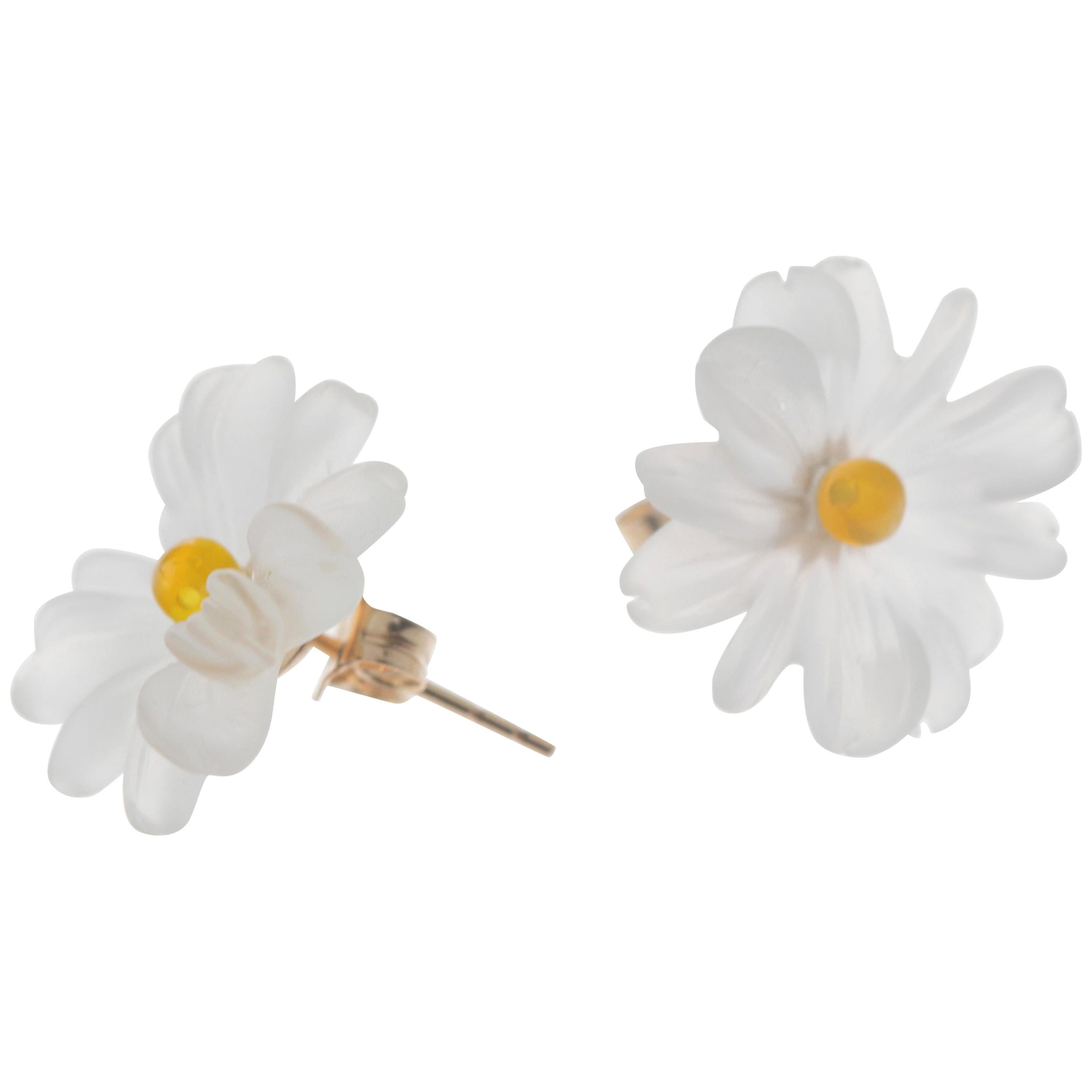 Blüte Bergkristall Achat geschnitzt 9 Karat Gold Ohrstecker handgefertigt italienische Ohrringe