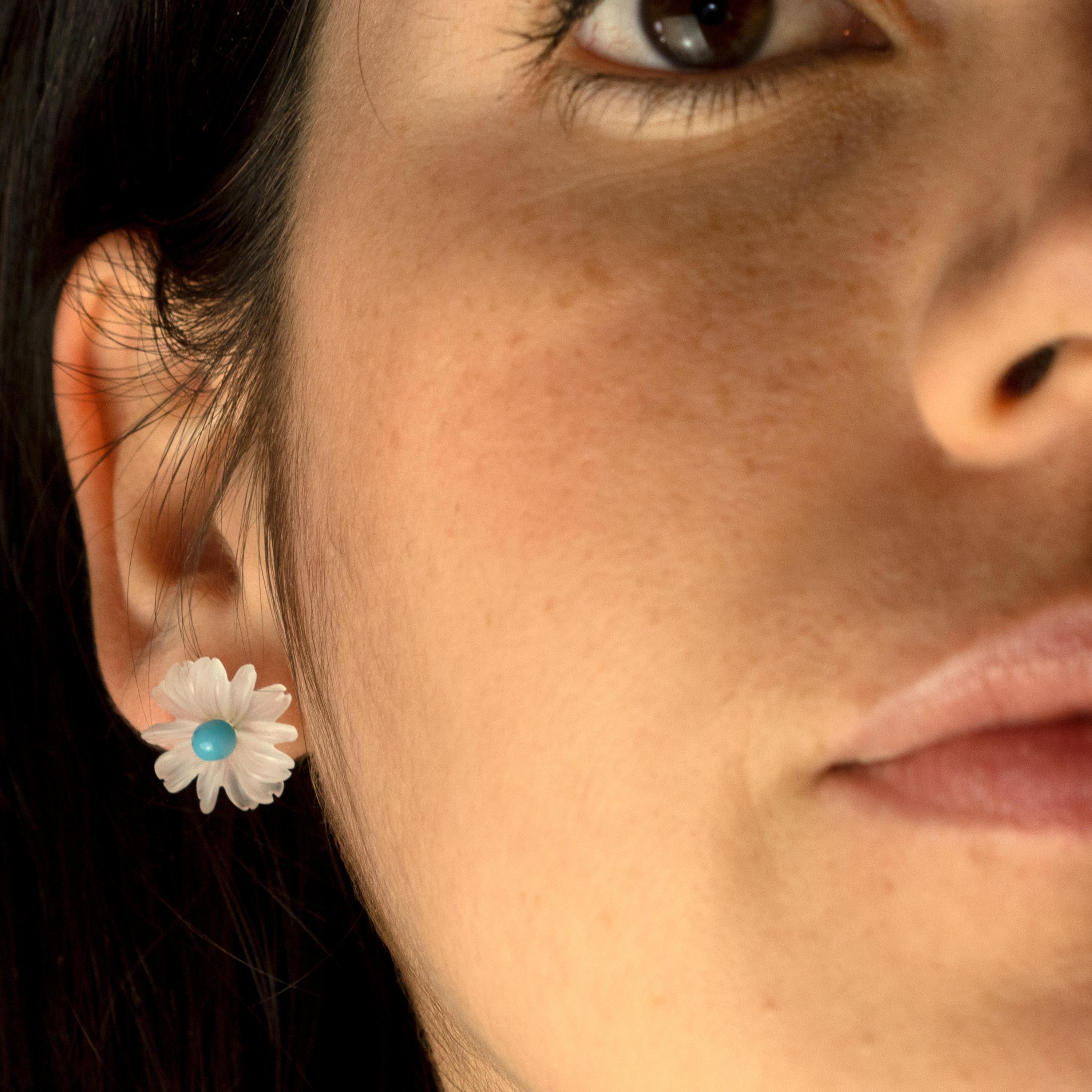 Flower Rock Crystal Agate Carved Filled Gold Stud Handmade Italian Girl Earrings For Sale 4