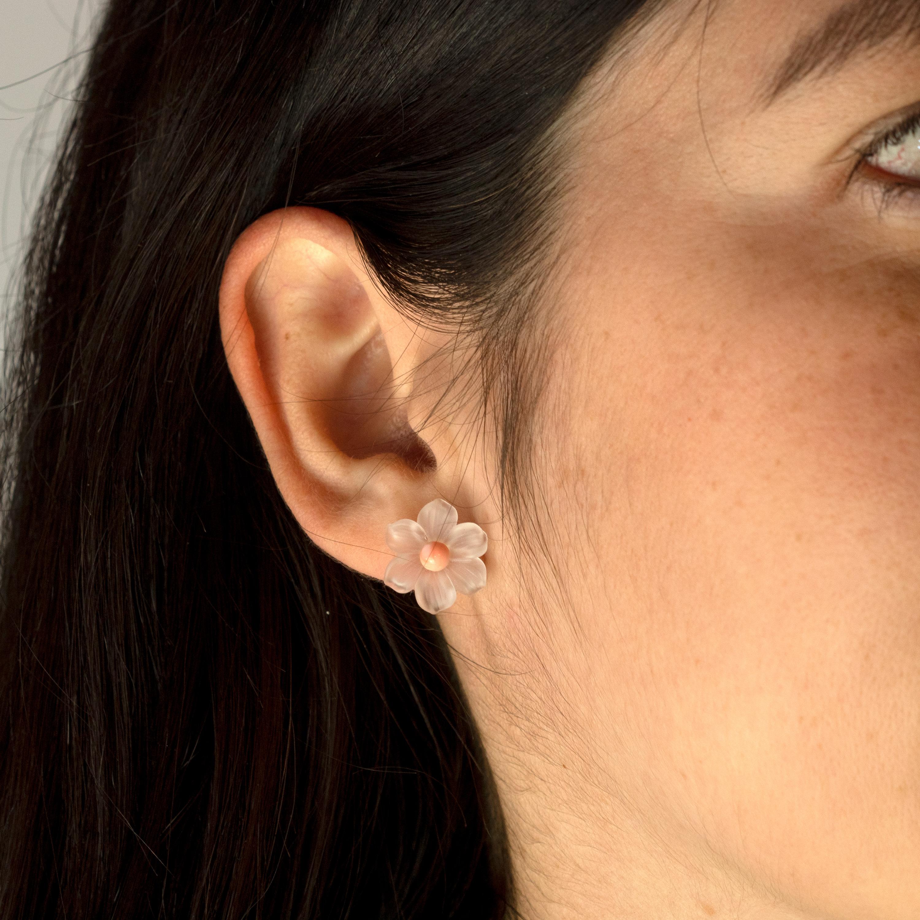 Flower Rock Crystal Coral Carved 14 Karat Gold Stud Handmade Italian Earrings For Sale 4