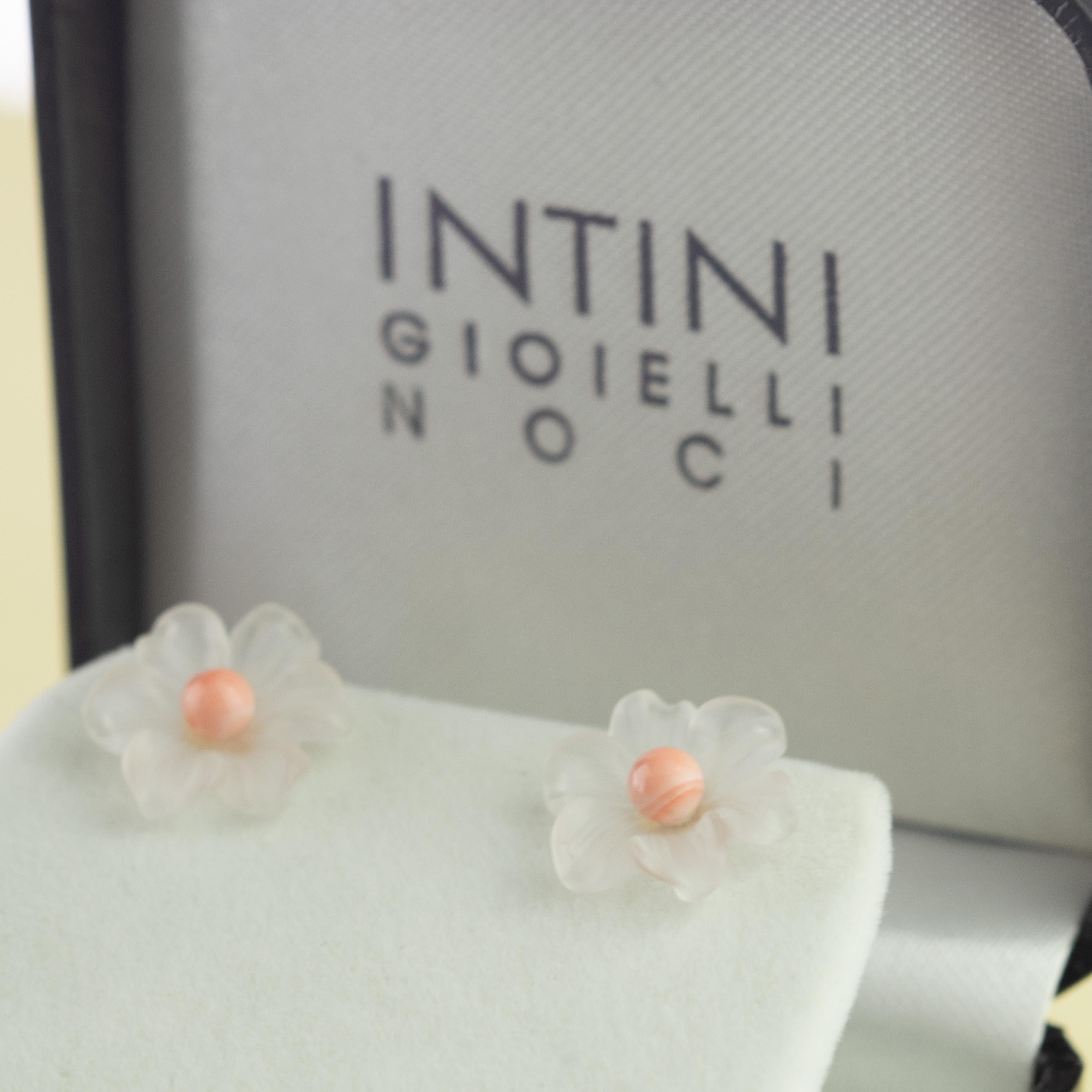 Artisan Flower Rock Crystal Coral Carved 14 Karat Gold Stud Handmade Italian Earrings For Sale