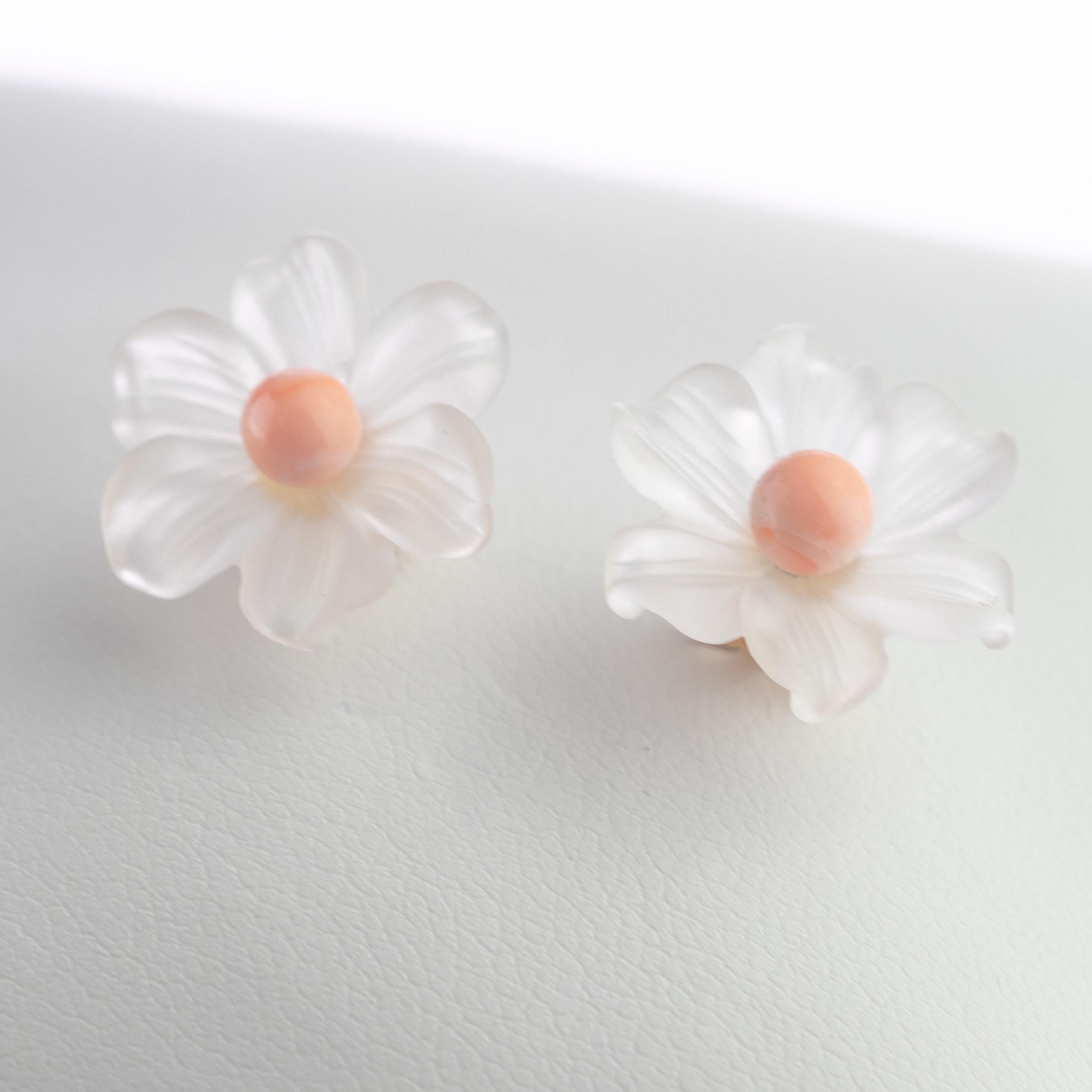 Mixed Cut Flower Rock Crystal Coral Carved 14 Karat Gold Stud Handmade Italian Earrings For Sale