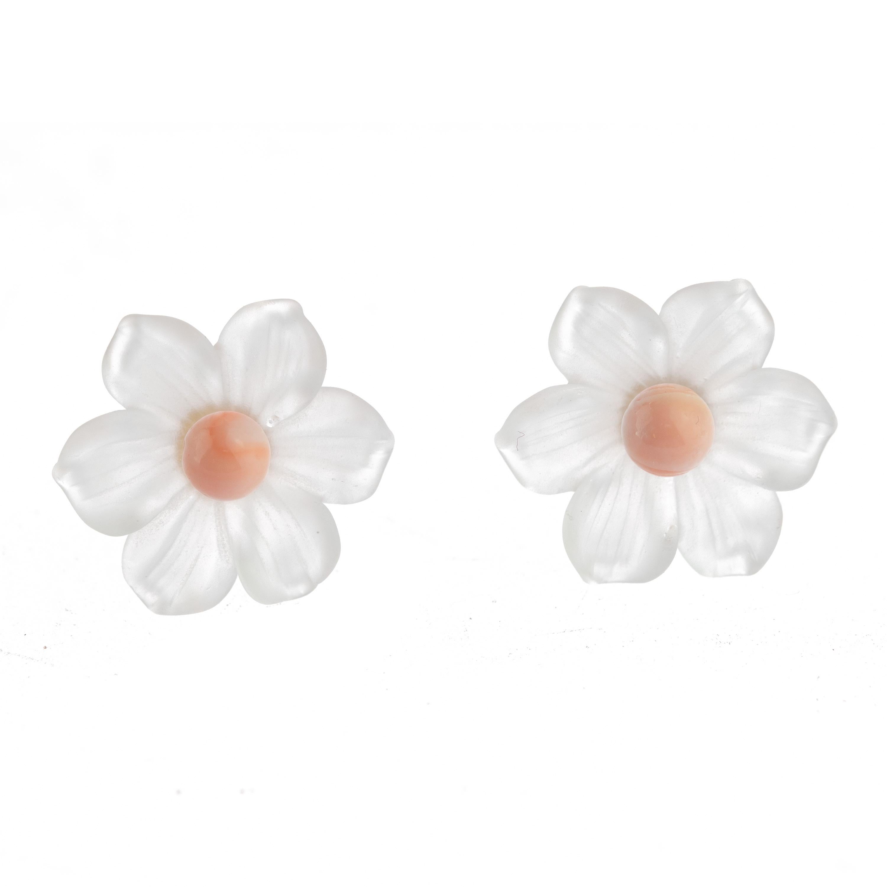 Flower Rock Crystal Coral Carved 14 Karat Gold Stud Handmade Italian Earrings For Sale 1