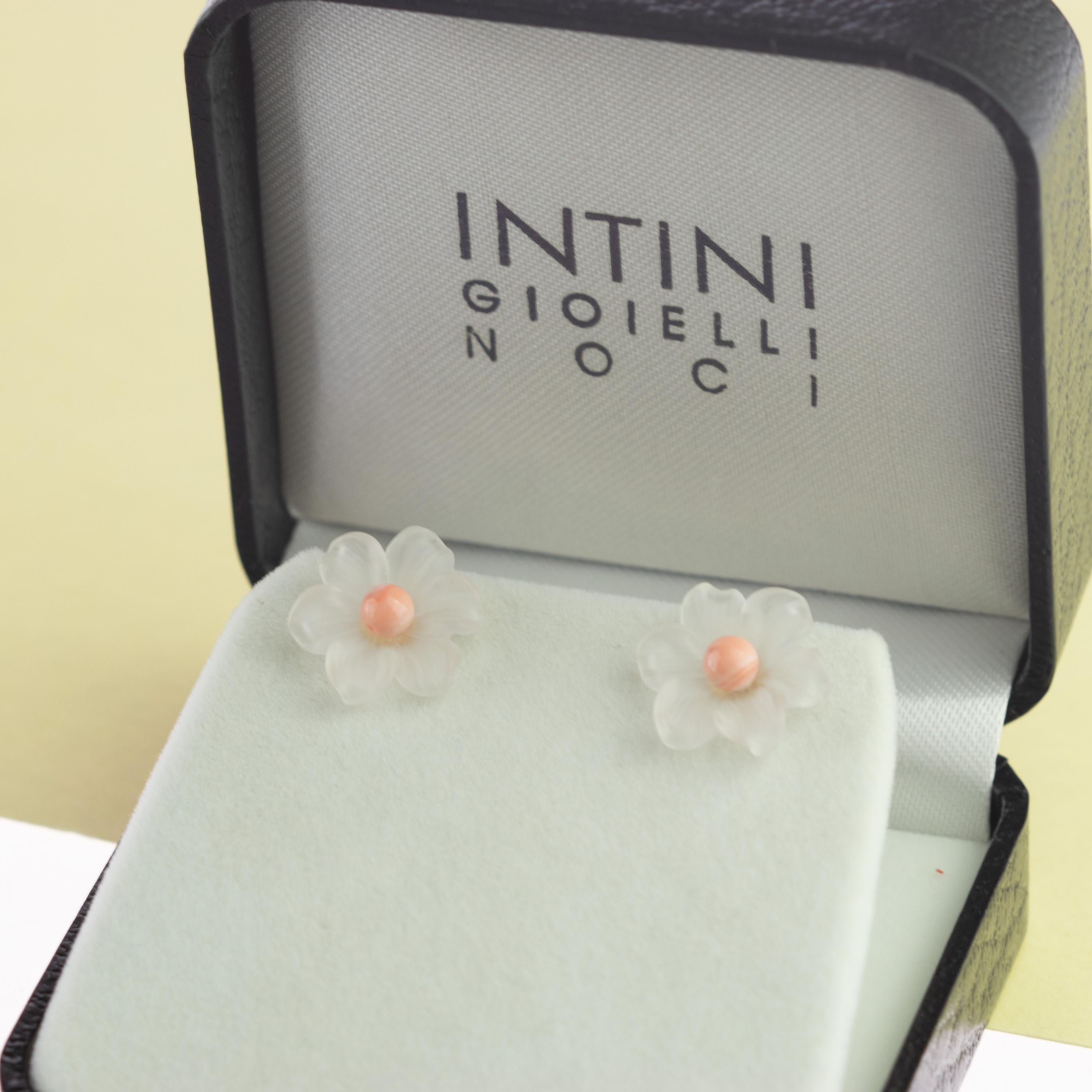 Flower Rock Crystal Coral Carved 14 Karat Gold Stud Handmade Italian Earrings For Sale 2