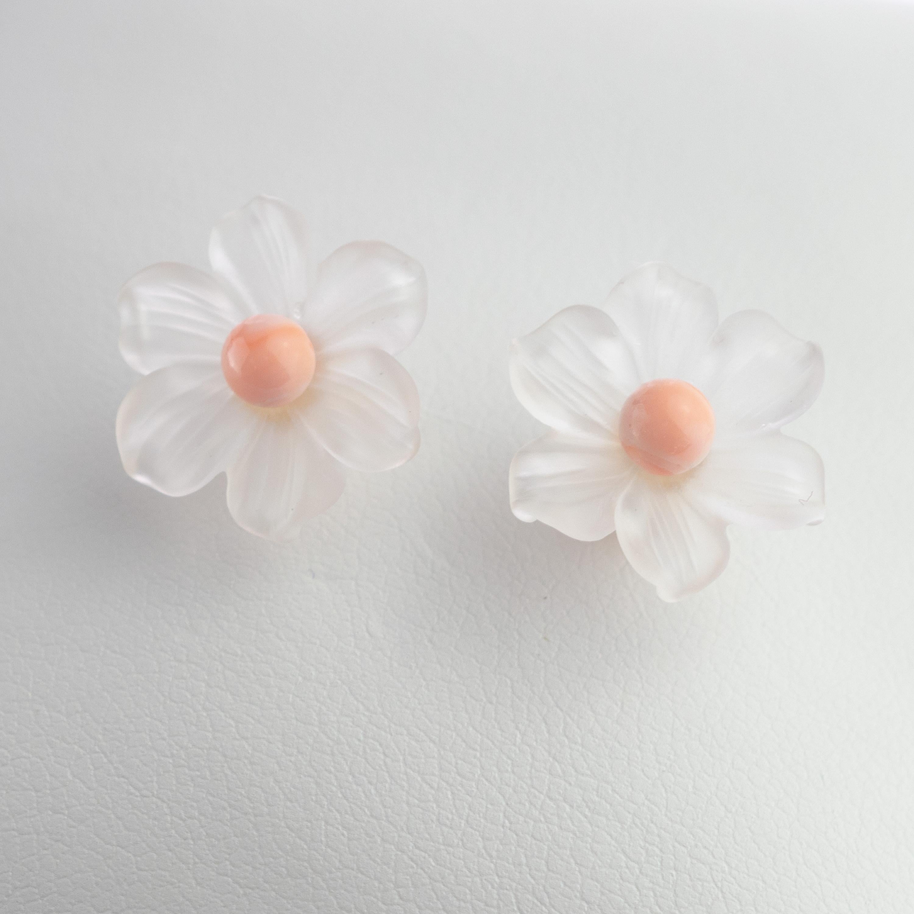 Artisan Flower Rock Crystal Coral Carved Filled Gold Stud Handmade Italian Girl Earrings For Sale