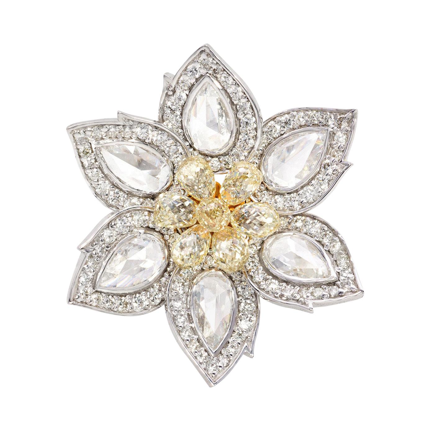 Flower Rose Cut Diamond and 4.01 Carat Fancy Yellow Briolette Ring