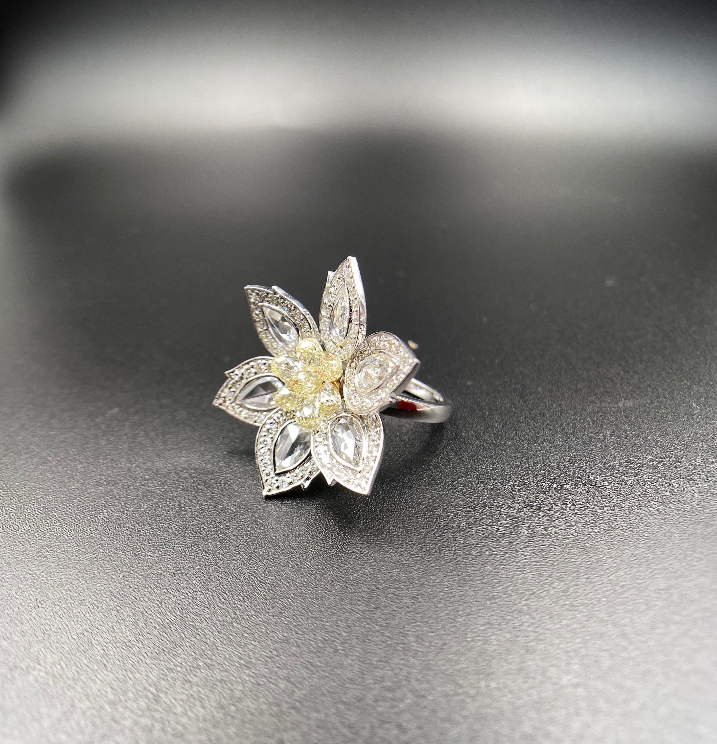Briolette Cut Flower Rose Cut Diamond and 4.01 Carat Fancy Yellow Briolette Ring