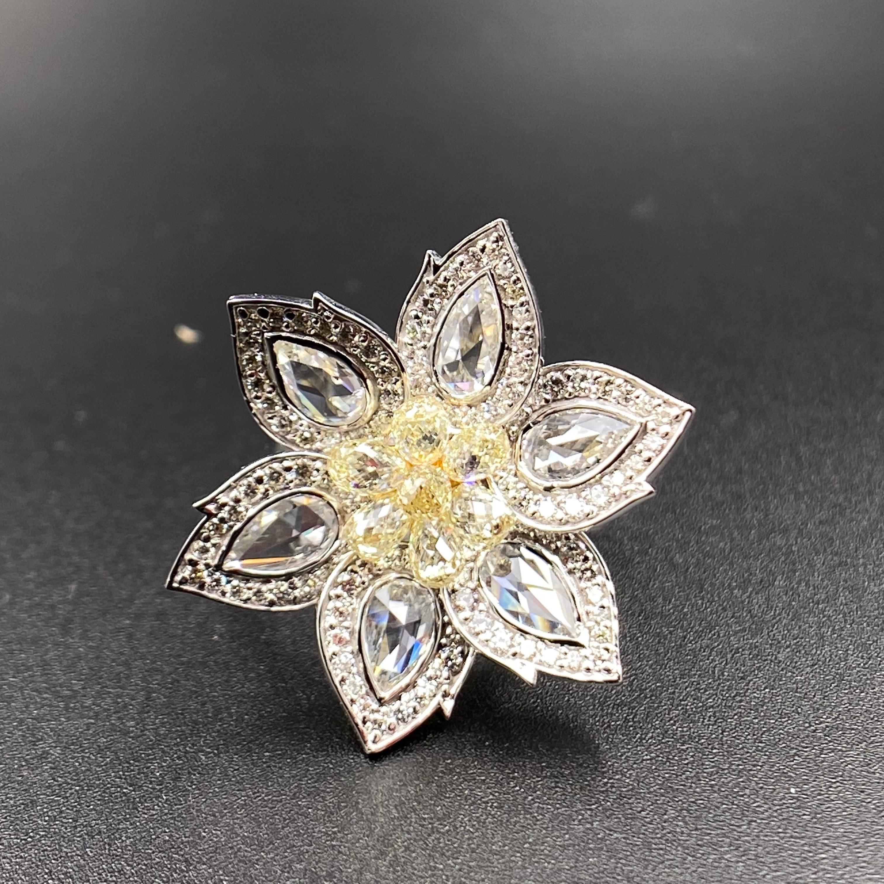 Flower Rose Cut Diamond and 4.01 Carat Fancy Yellow Briolette Ring In New Condition In New York, NY
