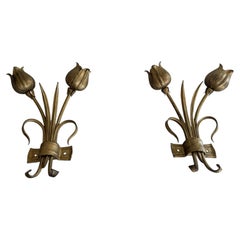 Flower Rose Shaped 2-Head Metal Pair of Wall Lamps, 1970s, Germany