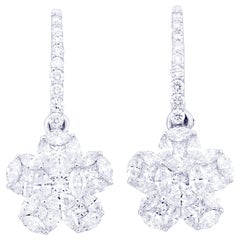 Flower Round Illusion Diamond Dangle Earring in 18 Karat White Gold