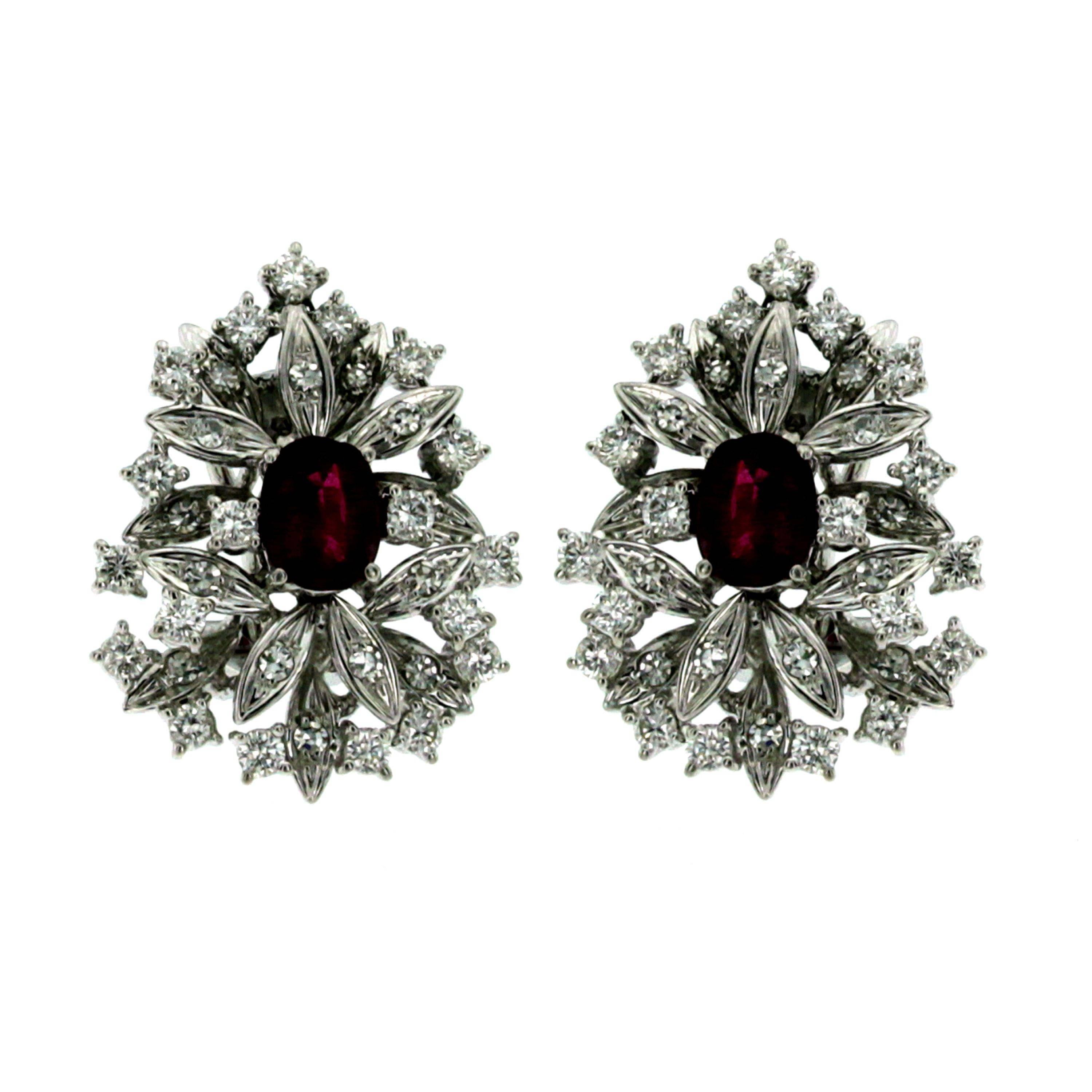 Flower Ruby and Diamond Cluster Earrings