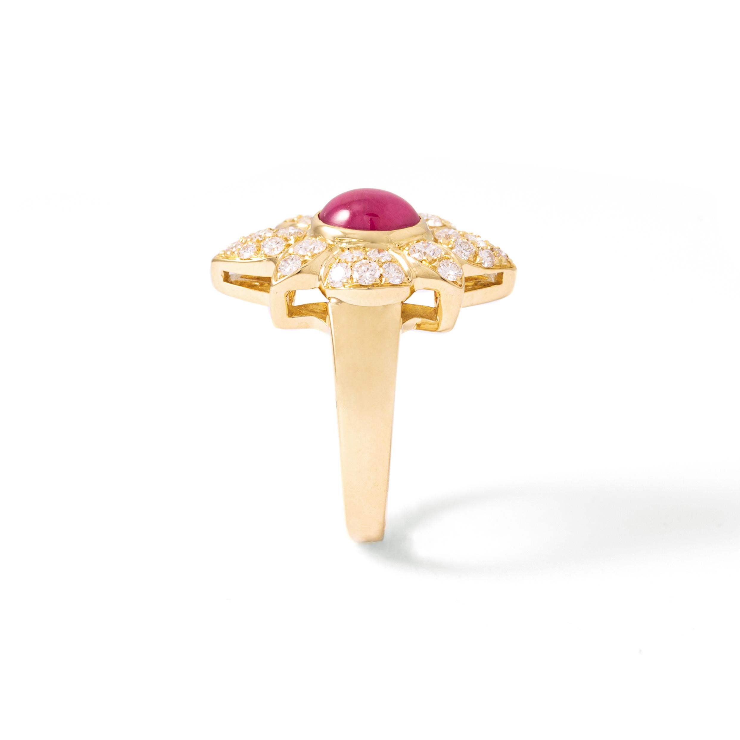 Cabochon Flower Ruby and Diamond Ring For Sale