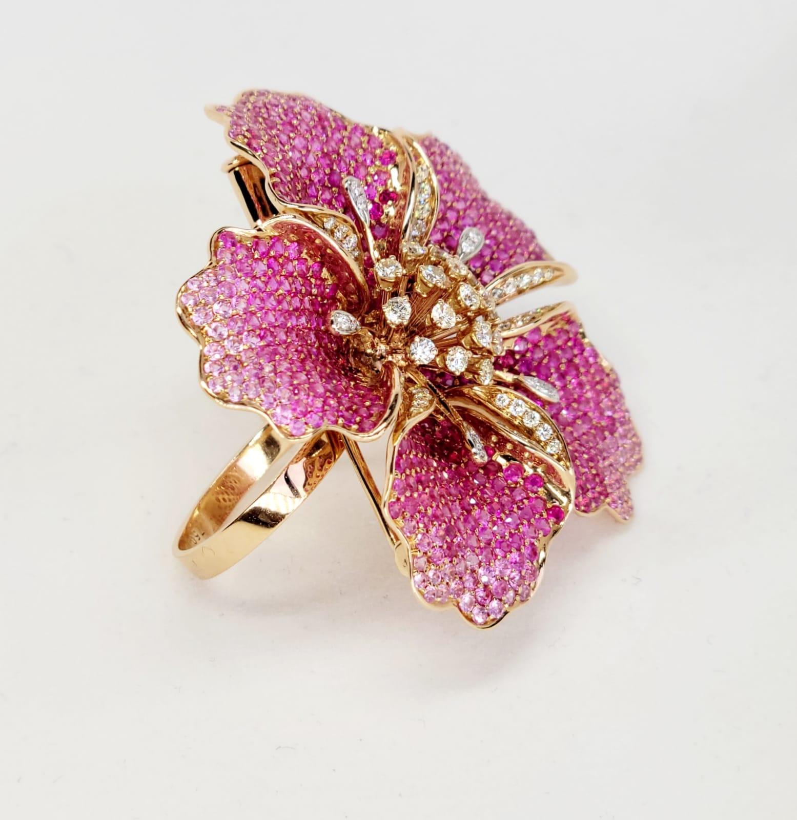 Flower Ruby and Sapphires Cocktail Ring Brooch Pendant, Three in One, Unique For Sale 4
