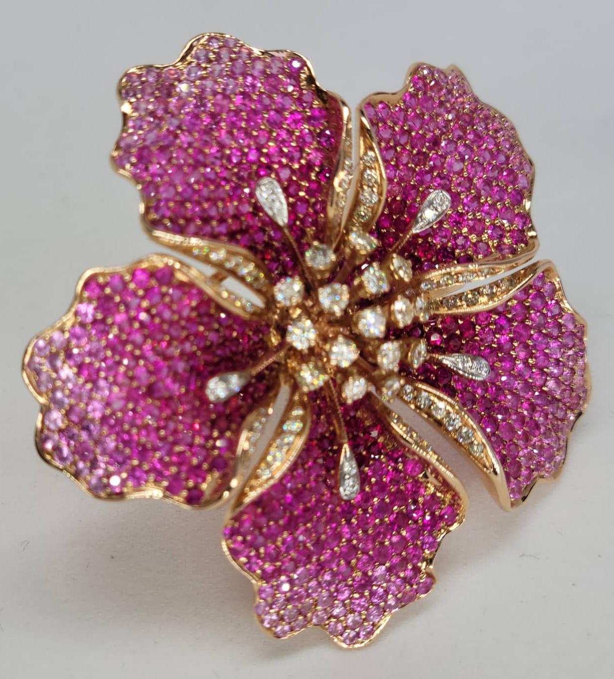 Flower Ruby and Sapphires Cocktail Ring Brooch Pendant, Three in One, Unique For Sale 5