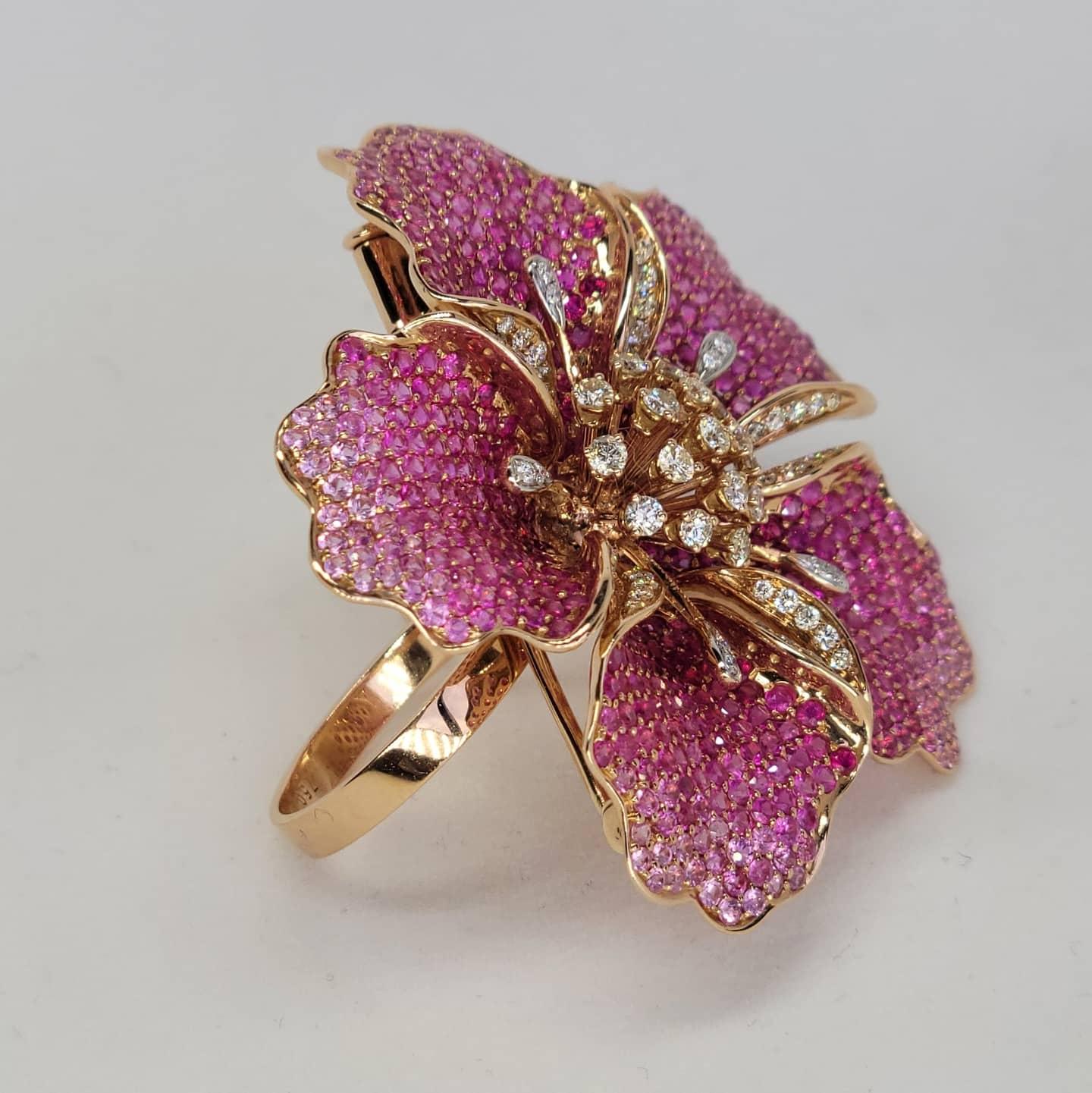 Round Cut Flower Ruby and Sapphires Cocktail Ring Brooch Pendant, Three in One, Unique For Sale