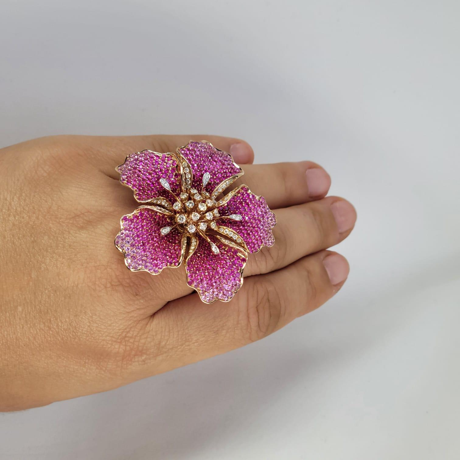 Women's Flower Ruby and Sapphires Cocktail Ring Brooch Pendant, Three in One, Unique For Sale