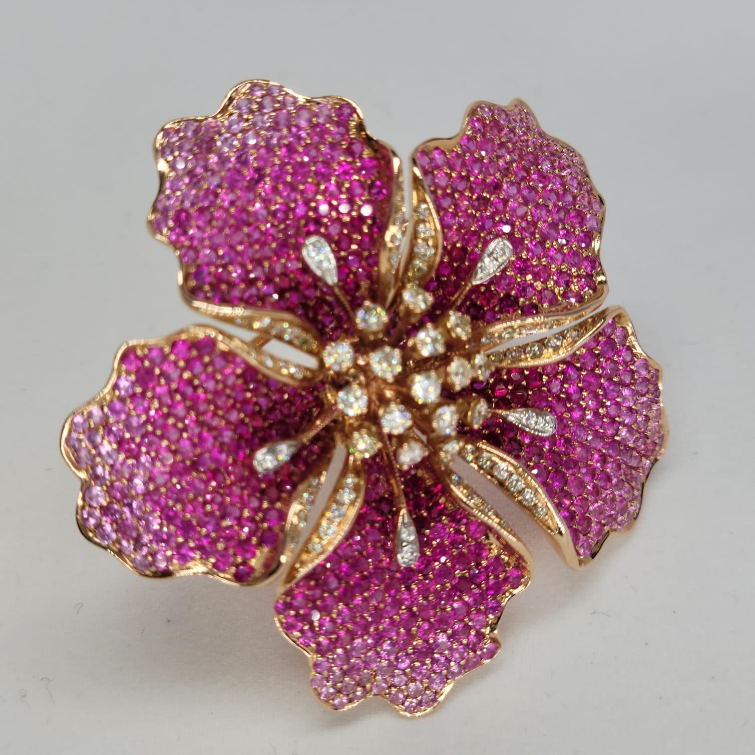 Flower Ruby and Sapphires Cocktail Ring Brooch Pendant, Three in One, Unique For Sale 1