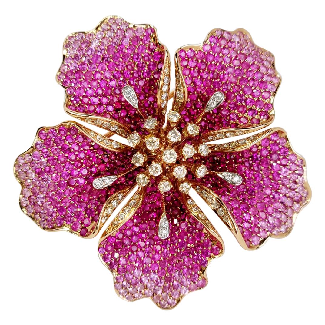 FLOWER RUBY AND SAPPHIRES Cocktail Ring Brooch Pendant - three in one. Unique. Only one piece
 
10 ROUND DIAMONDS -  0.08 CTS
68 ROUND DIAMONDS - 1.30 CTS
432 RD PINK SAPPHIRES -  8.41 CTS
171 RD RUBIES -  3.32 CTS
18K ROSE GOLD -  26.25 gm

amazing