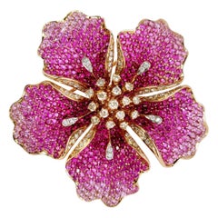 Flower Ruby and Sapphires Cocktail Ring Brooch Pendant, Three in One, Unique