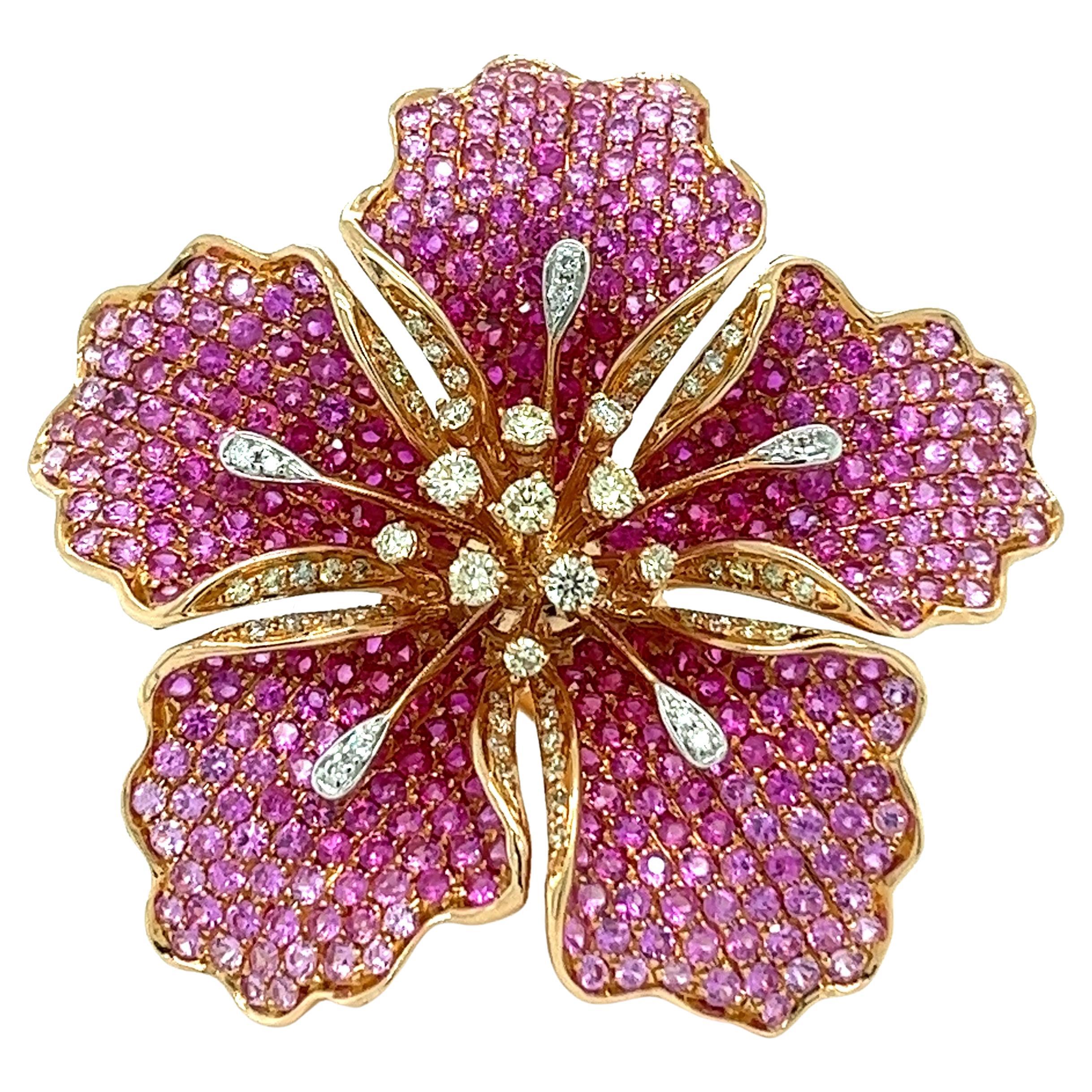 Flower Ruby and Sapphires Cocktail Ring Brooch Pendant, Three in One, Unique For Sale