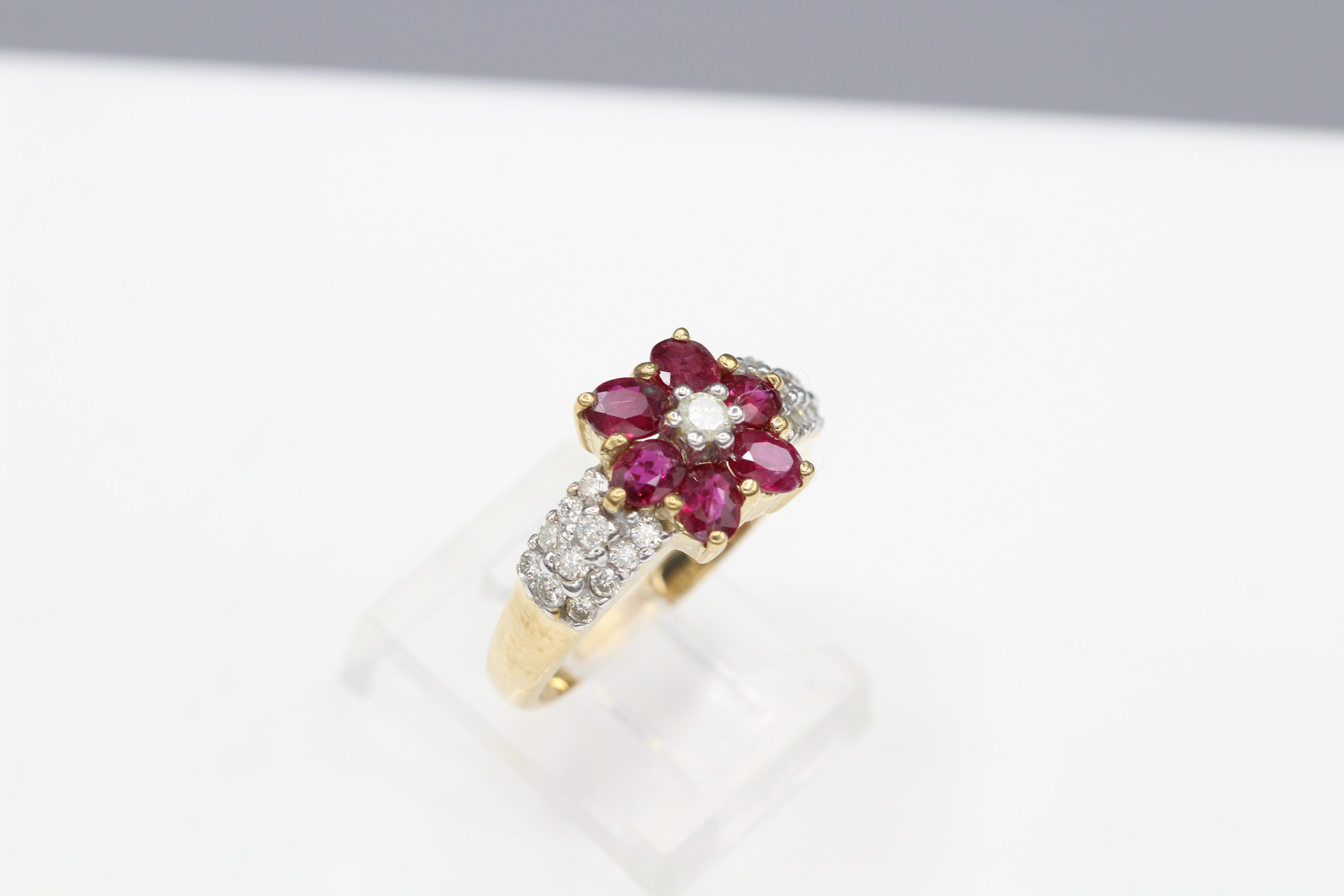 Flower Ruby Ring 14 Karat Yellow Gold and Diamonds In New Condition For Sale In Brooklyn, NY