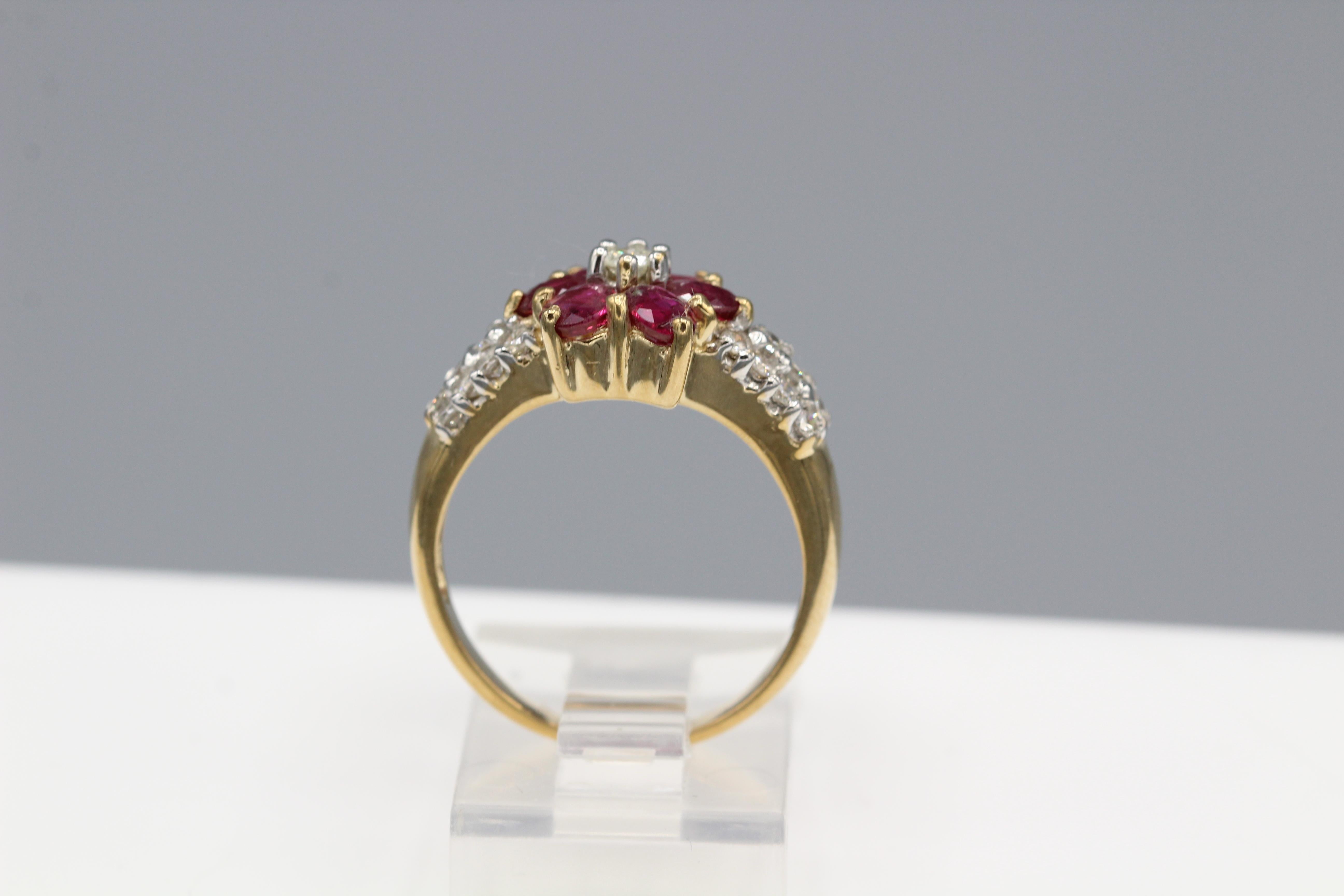 Women's Flower Ruby Ring 14 Karat Yellow Gold and Diamonds For Sale