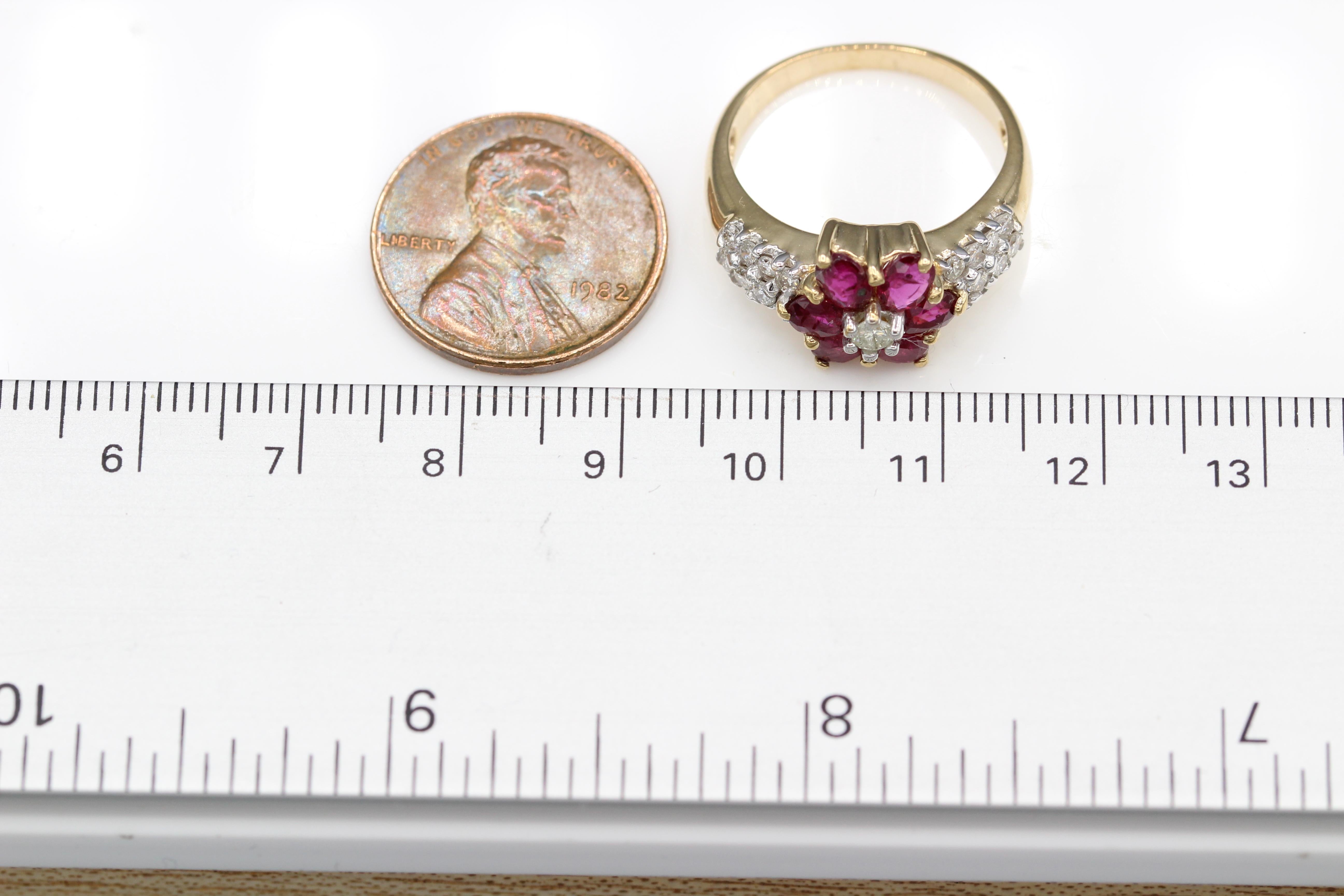 Flower Ruby Ring 14 Karat Yellow Gold and Diamonds 3