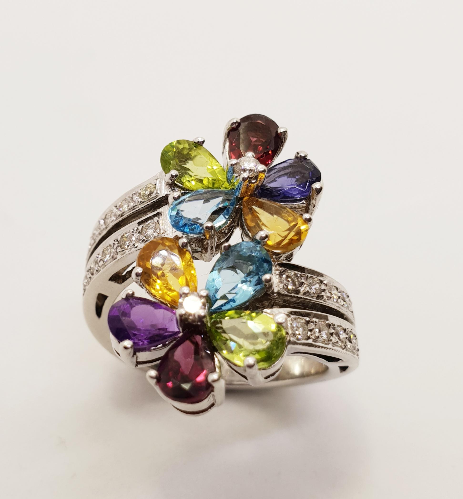 Contemporary Multi Flower Multi Gemstones 18 Karat White Gold Ring