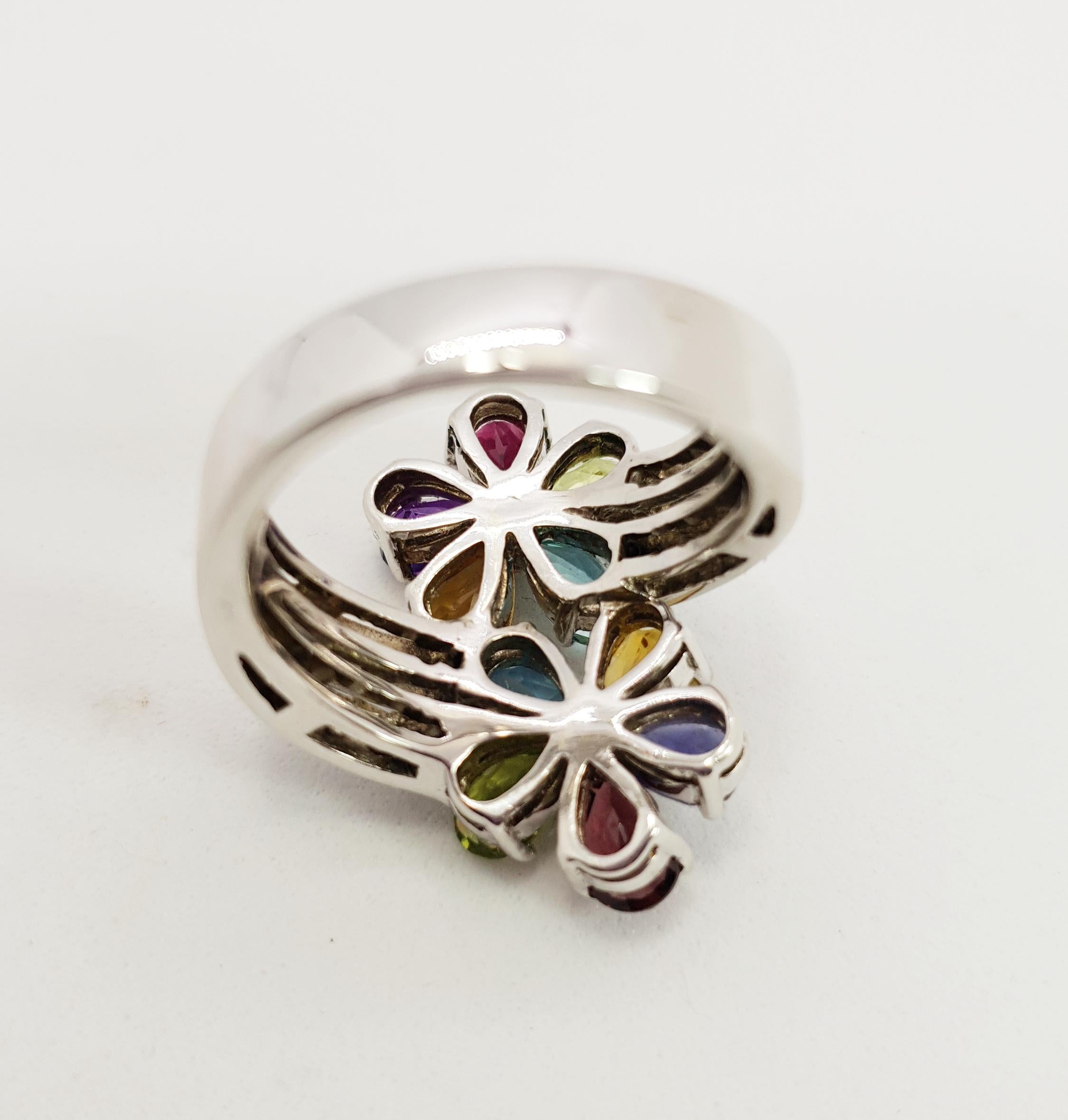 Women's Multi Flower Multi Gemstones 18 Karat White Gold Ring
