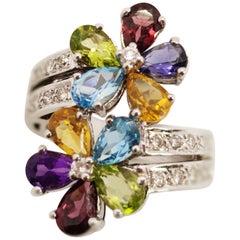 Multi Flower Multi Gemstones 18 Karat White Gold Ring