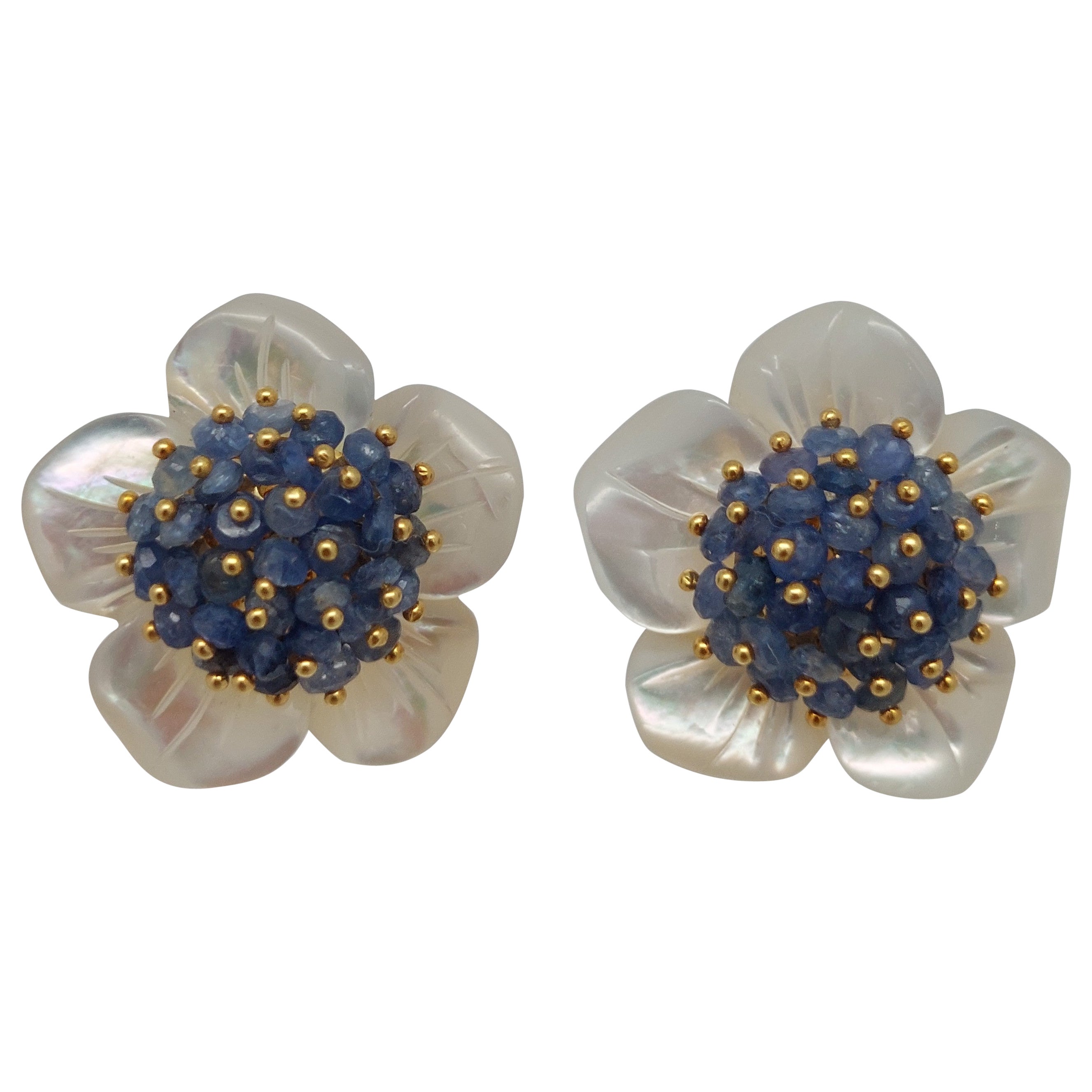 "Blume" Saphir & Perlmutt Ohrringe 18Kt im Angebot