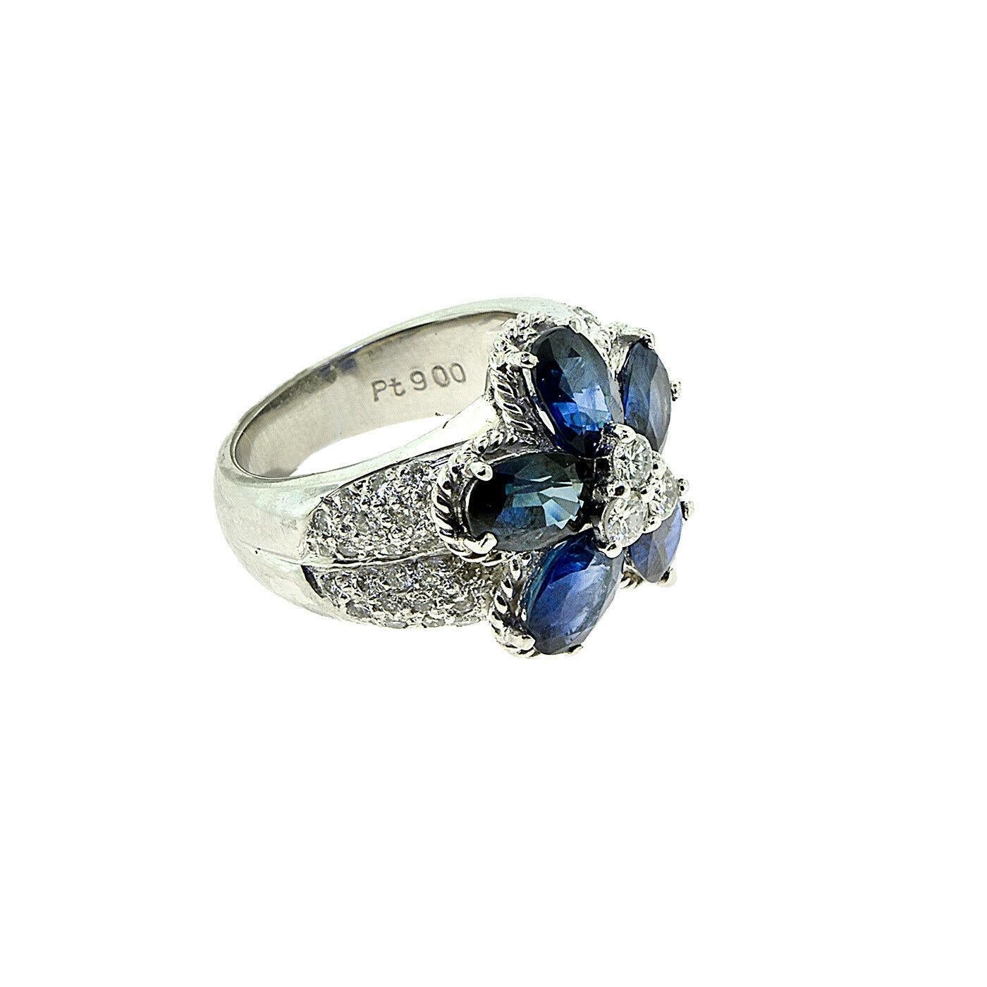 Round Cut Flower Sapphire and Round Side Diamond Cluster Cocktail Ring in Platinum