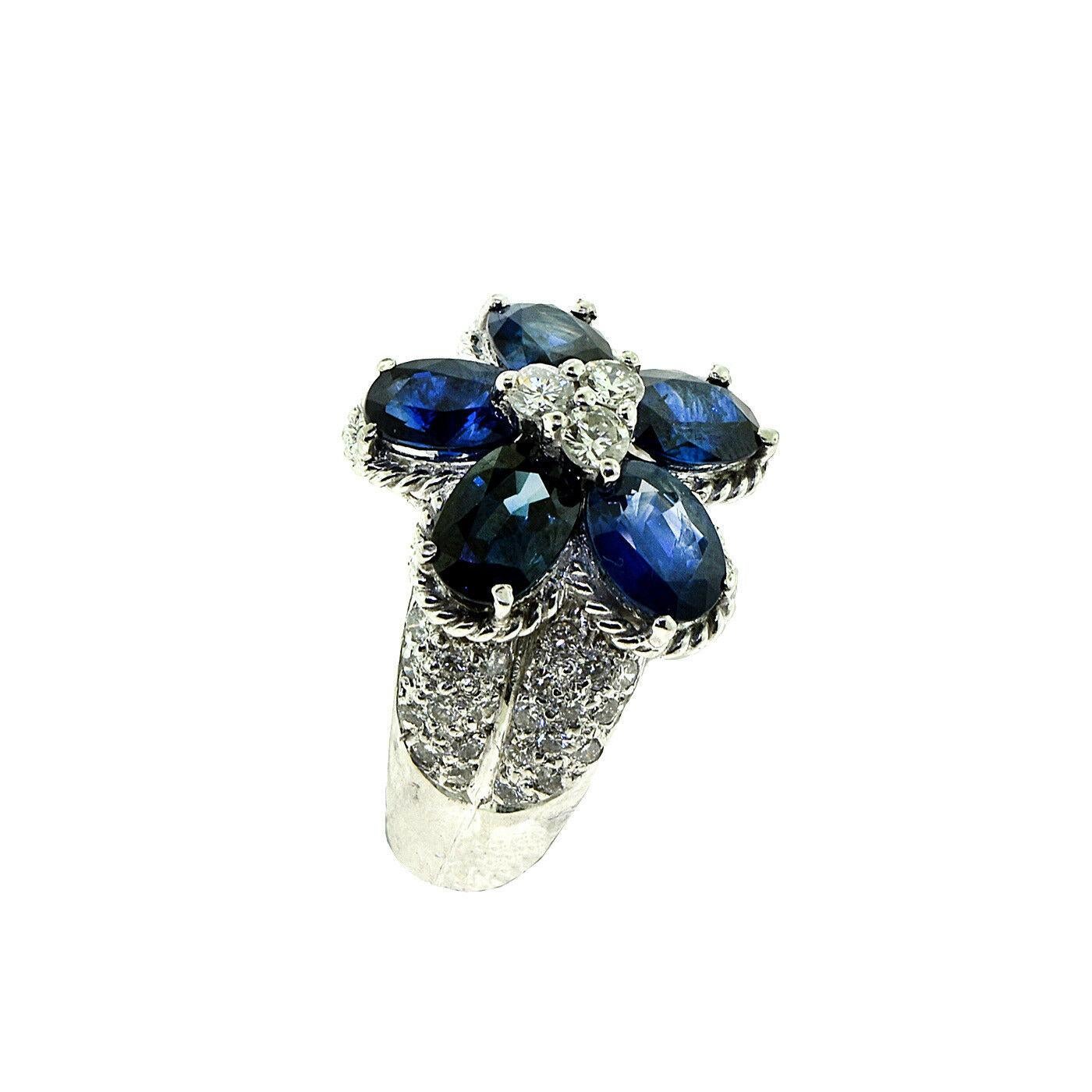 Flower Sapphire and Round Side Diamond Cluster Cocktail Ring in Platinum In Good Condition In Miami, FL