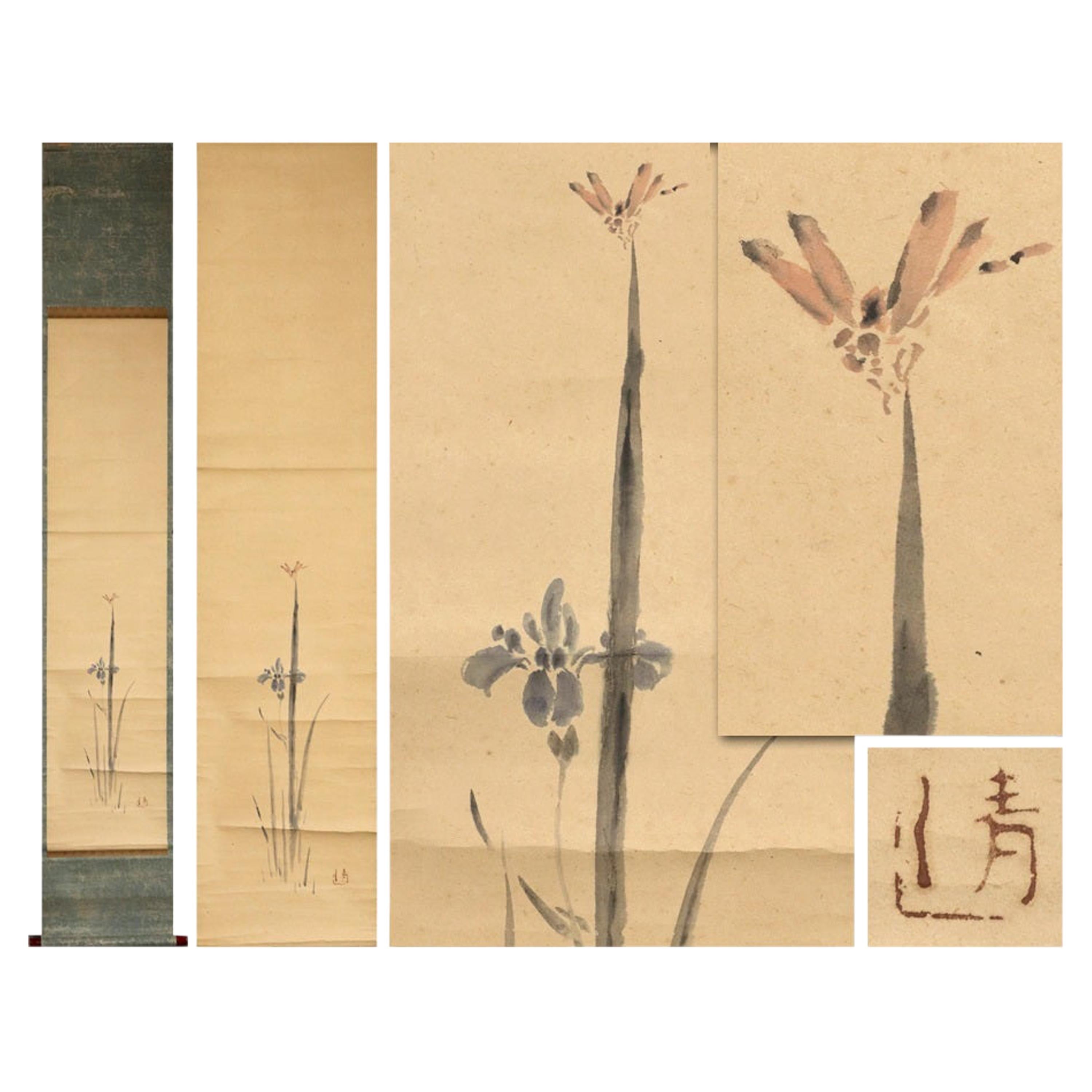 Flower Scene Edo Period Scroll Japan 19c Artist Kiyoshi Watanabe For Sale