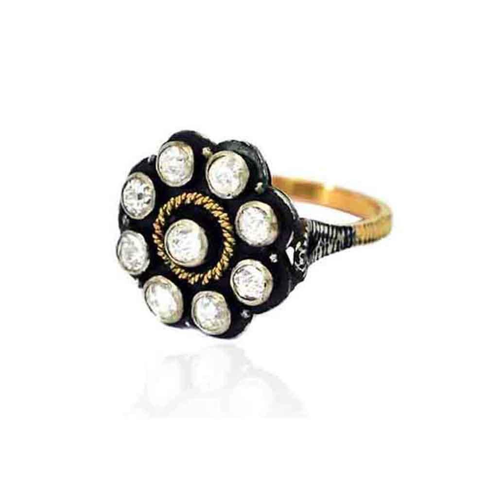 Modern Flower Shape Diamond Ring in Silver and 14K Gold For Sale