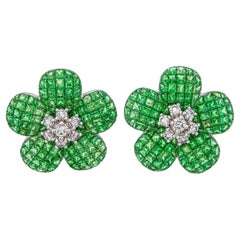 Flower shape earrings with Invisible set Tsavorite with diamonds earrings