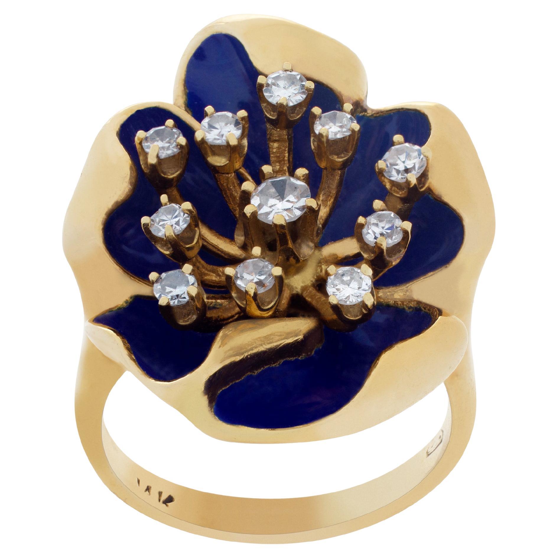 Flower Shape Enamel and Diamond Ring in 14k Yellow Gold