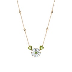 Flower Shape Pendant Necklace with Aquamarine, Peridot & Diamonds in 18Kt Gold