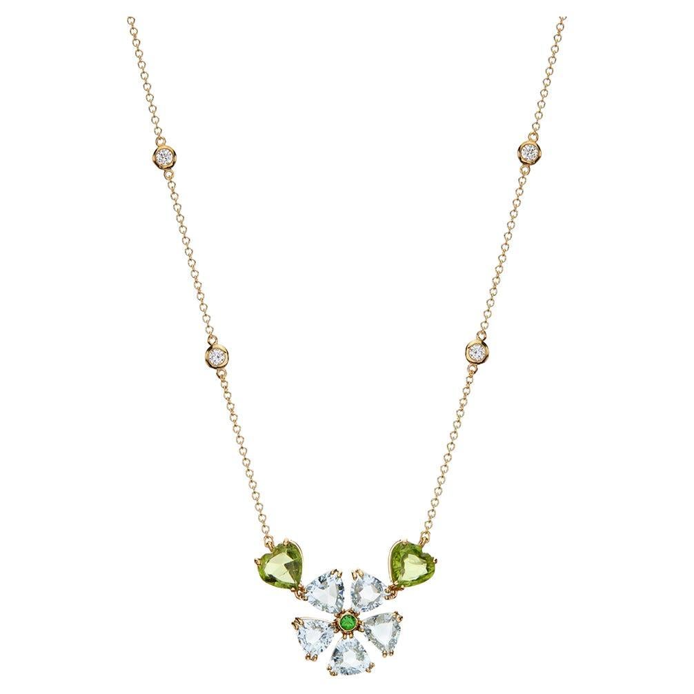 Flower Shape Pendant Necklace with Aquamarine, Peridot & Diamonds in 18Kt Gold