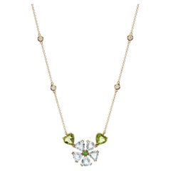 Flower Shape Pendant Necklace with Aquamarine, Peridot & Diamonds in 18Kt Gold