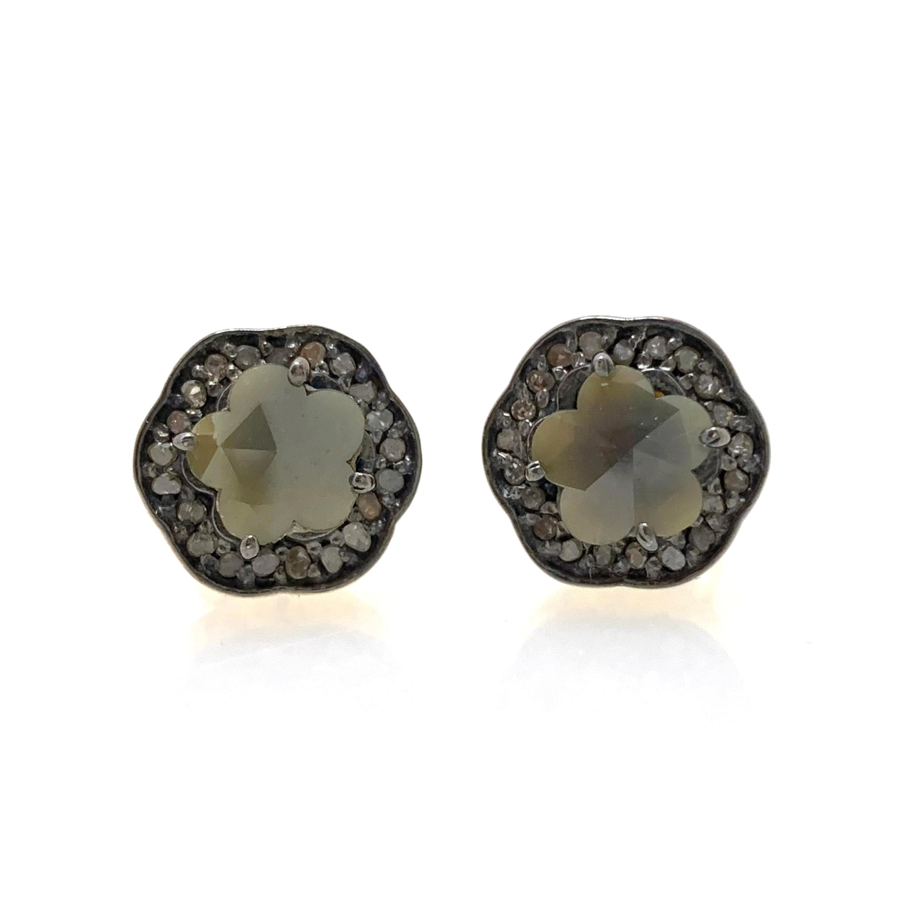 1.90 ctw Raw Diamond Flower Stud Earrings set in 18k vermeil and Oxidized Sterling Silver. The Stud Earring is a reproduction of Victorian Style (Mughal) Jewelry. It has been manufactured in India. Handset Flower shape diamond  surrounded by