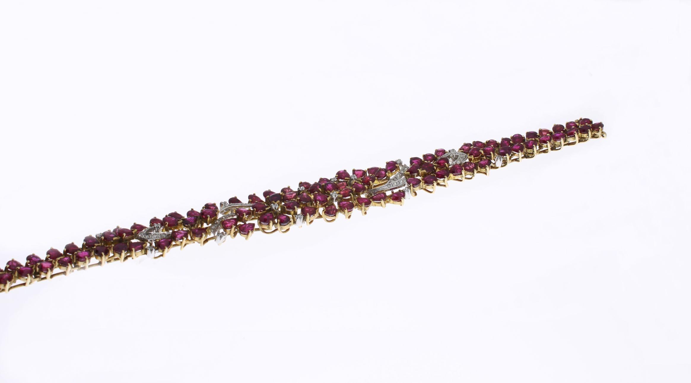 Brilliant Cut Flower Shape Ruby Diamond Yellow Gold Bracelet For Sale