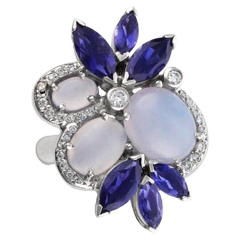 Flower Shape Tanzanite and Diamond Ring in 18k White Gold