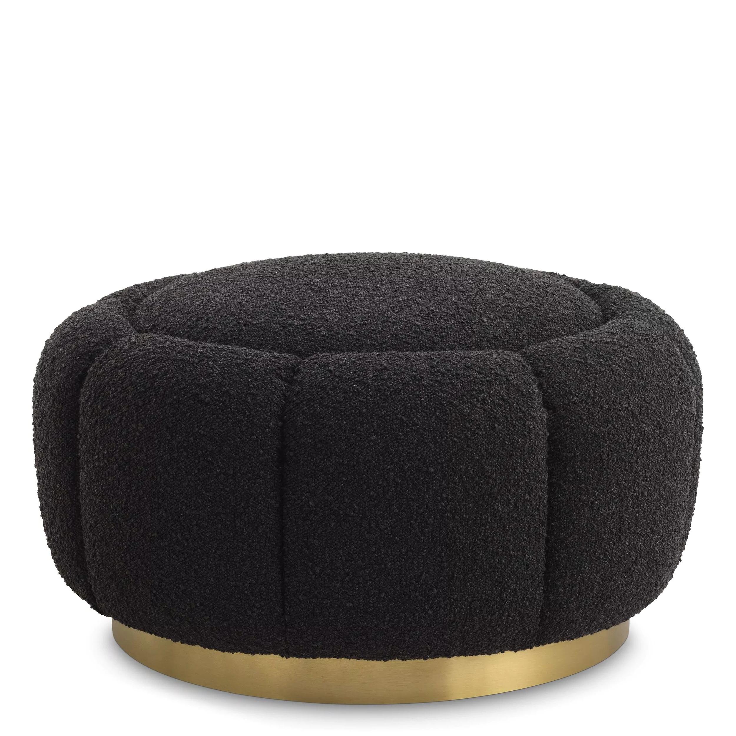 French Design Style Black Bouclé Fabric and Brass Round And Flower Shaped Swivel Stool or Ottoman.