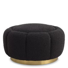 Flower Shaped Black Bouclé Fabric and Brass Swivel Stool or Ottoman