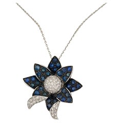 Flower Shaped  Blue Sapphire  And White Diamond Pendant