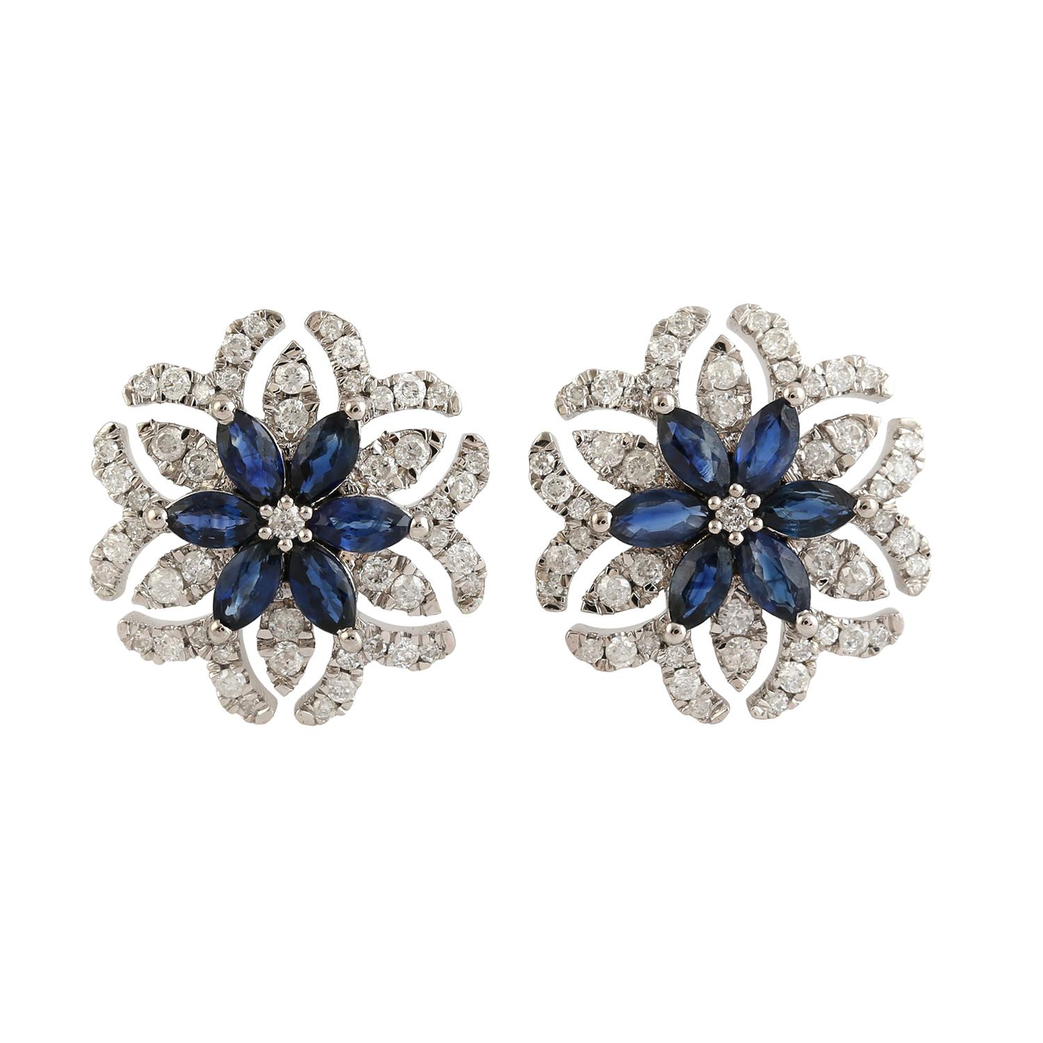 Artisan Flower Shaped Blue Sapphire & Diamonds Earrings Made in 18k White Gold For Sale